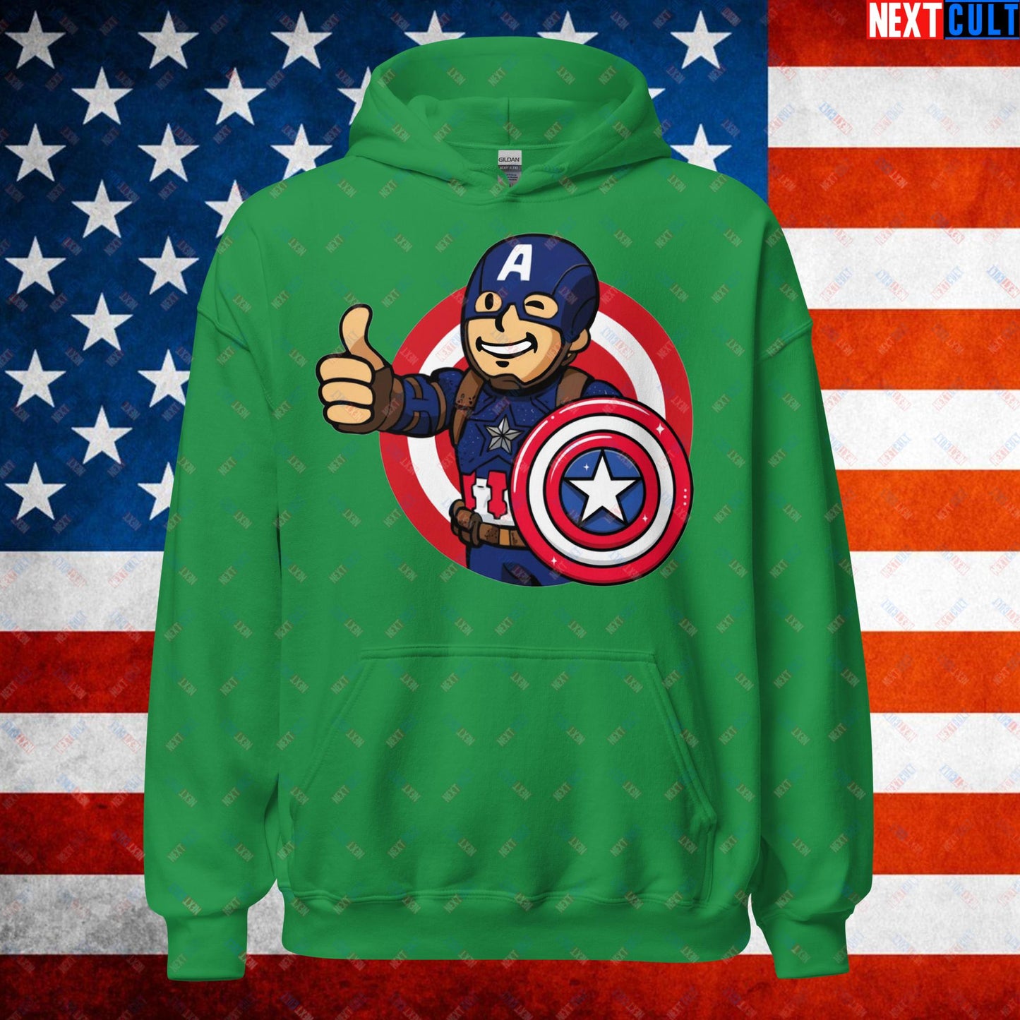 America Boy Captain America Vault Boy Fallout Funny Cartoon Mashup Unisex Hoodie Irish Green Hoodies Avengers Captain America Chris Evans Movies Superheroes Next Cult Brand