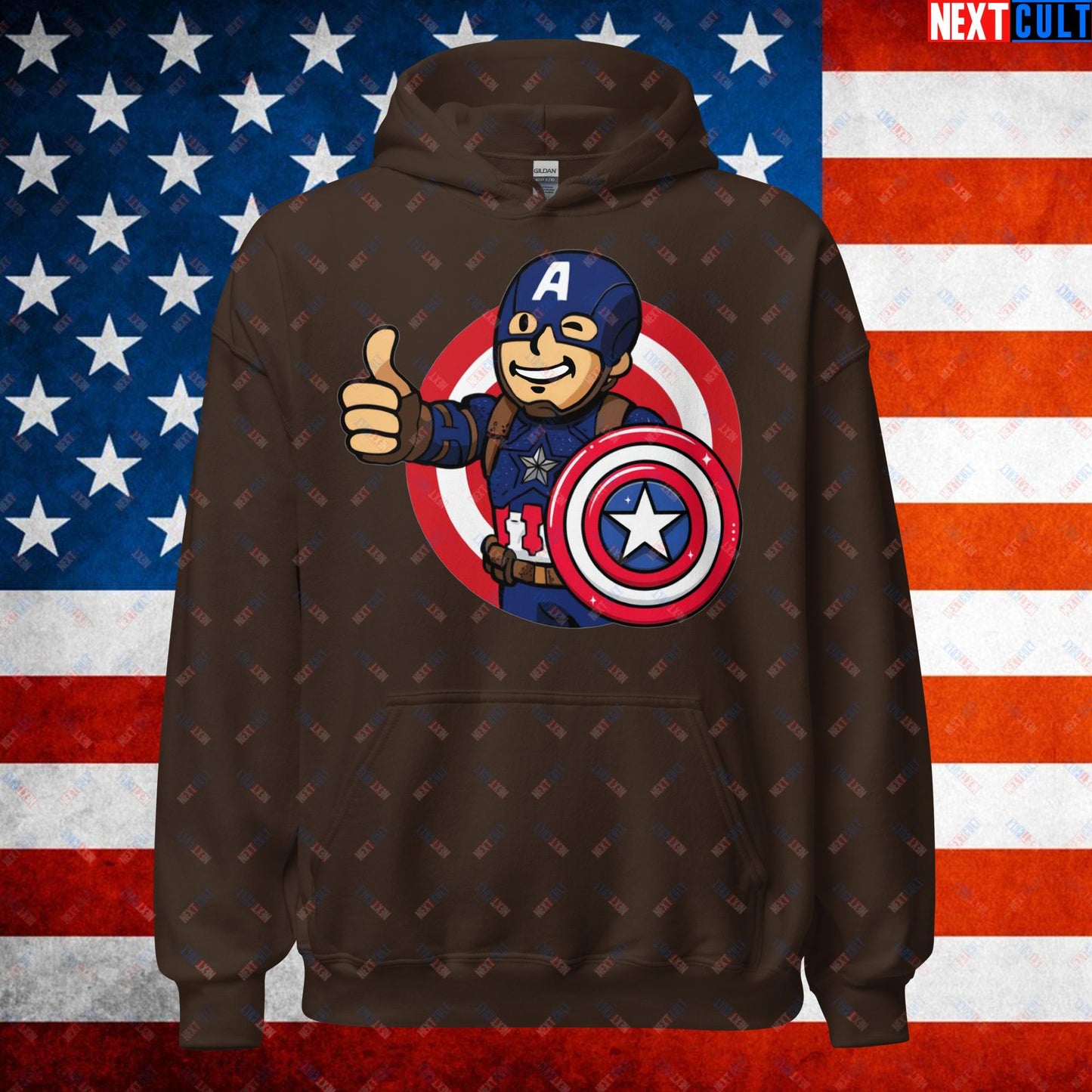 America Boy Captain America Vault Boy Fallout Funny Cartoon Mashup Unisex Hoodie Dark Chocolate Hoodies Avengers Captain America Chris Evans Movies Superheroes Next Cult Brand