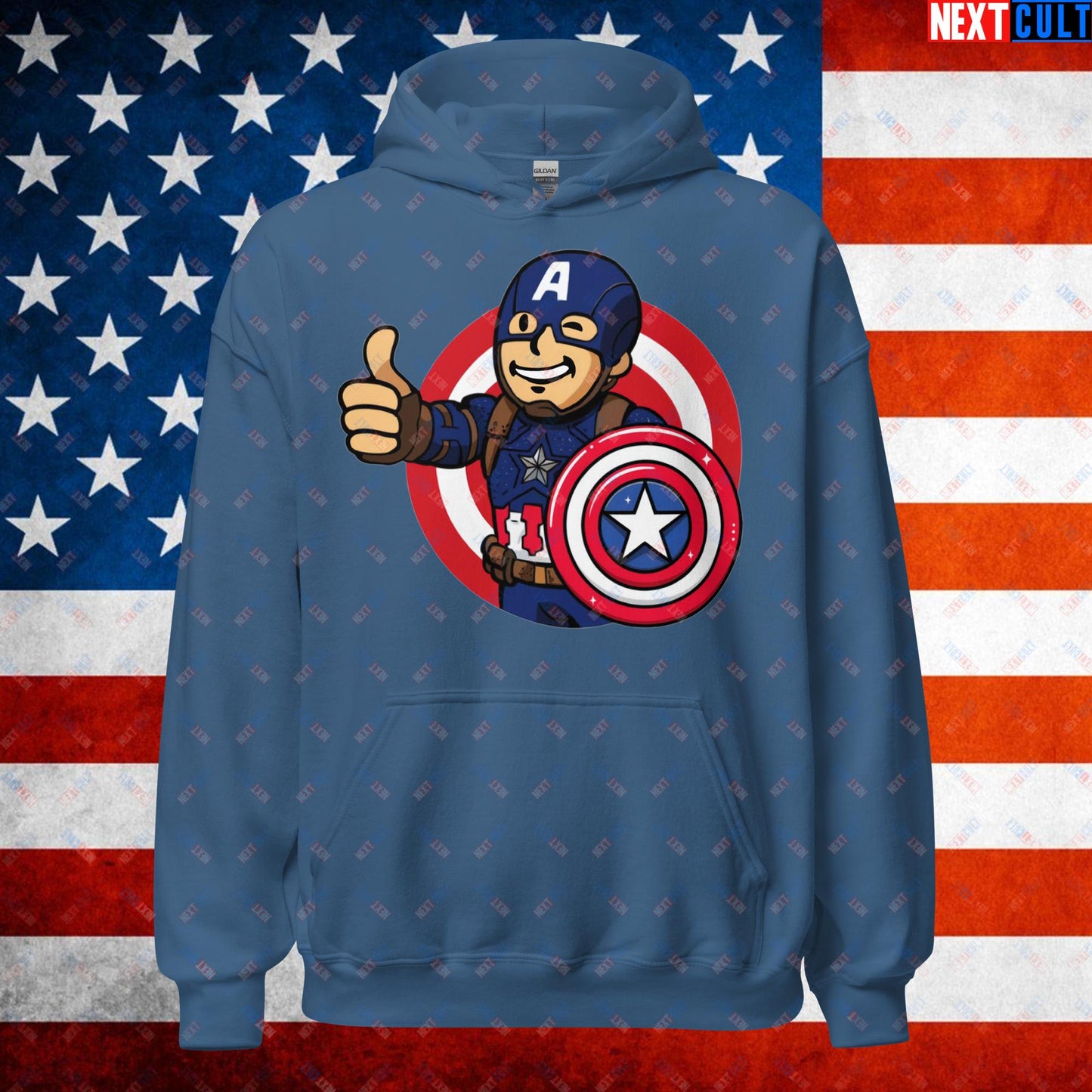 America Boy Captain America Vault Boy Fallout Funny Cartoon Mashup Unisex Hoodie Indigo Blue Hoodies Avengers Captain America Chris Evans Movies Superheroes Next Cult Brand