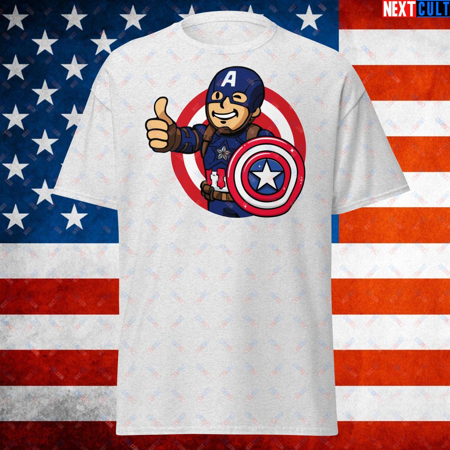 America Boy Captain America Vault Boy Fallout Funny Cartoon Mashup Unisex tee Ash T-shirts Avengers Captain America Chris Evans Movies Superheroes Next Cult Brand