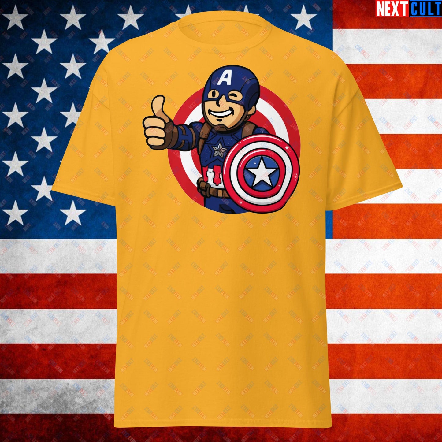 America Boy Captain America Vault Boy Fallout Funny Cartoon Mashup Unisex tee Gold T-shirts Avengers Captain America Chris Evans Movies Superheroes Next Cult Brand