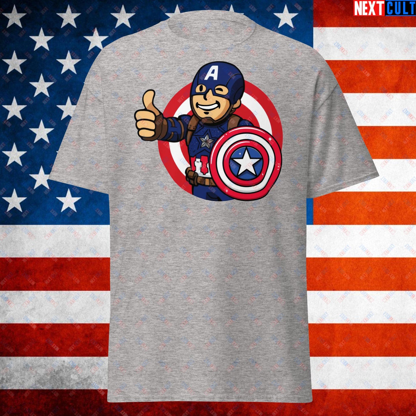 America Boy Captain America Vault Boy Fallout Funny Cartoon Mashup Unisex tee Sport Grey T-shirts Avengers Captain America Chris Evans Movies Superheroes Next Cult Brand
