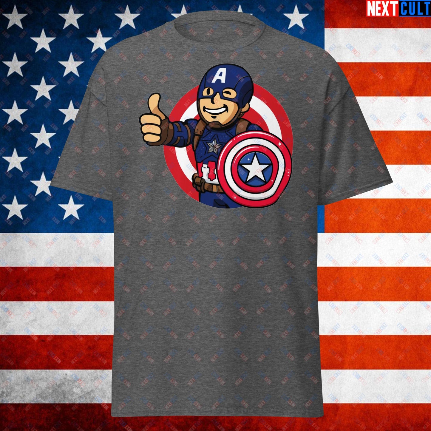 America Boy Captain America Vault Boy Fallout Funny Cartoon Mashup Unisex tee Dark Heather T-shirts Avengers Captain America Chris Evans Movies Superheroes Next Cult Brand