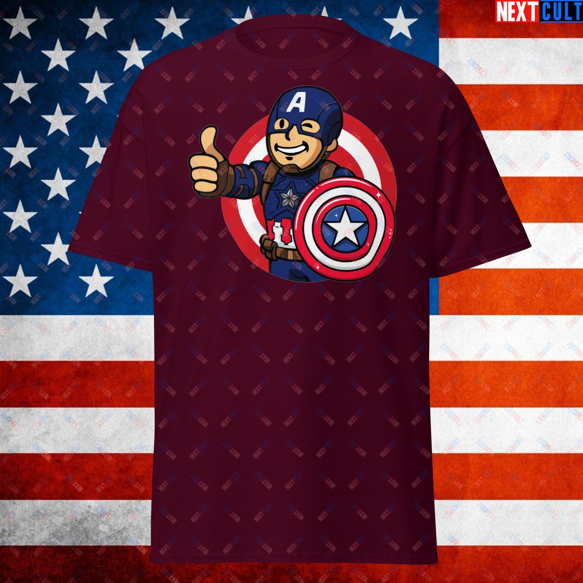 America Boy Captain America Vault Boy Fallout Funny Cartoon Mashup Unisex tee Maroon T-shirts Avengers Captain America Chris Evans Movies Superheroes Next Cult Brand