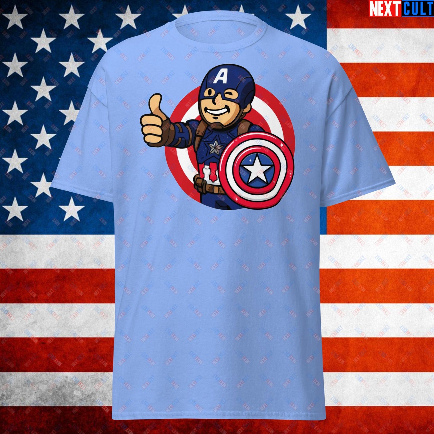 America Boy Captain America Vault Boy Fallout Funny Cartoon Mashup Unisex tee Carolina Blue T-shirts Avengers Captain America Chris Evans Movies Superheroes Next Cult Brand