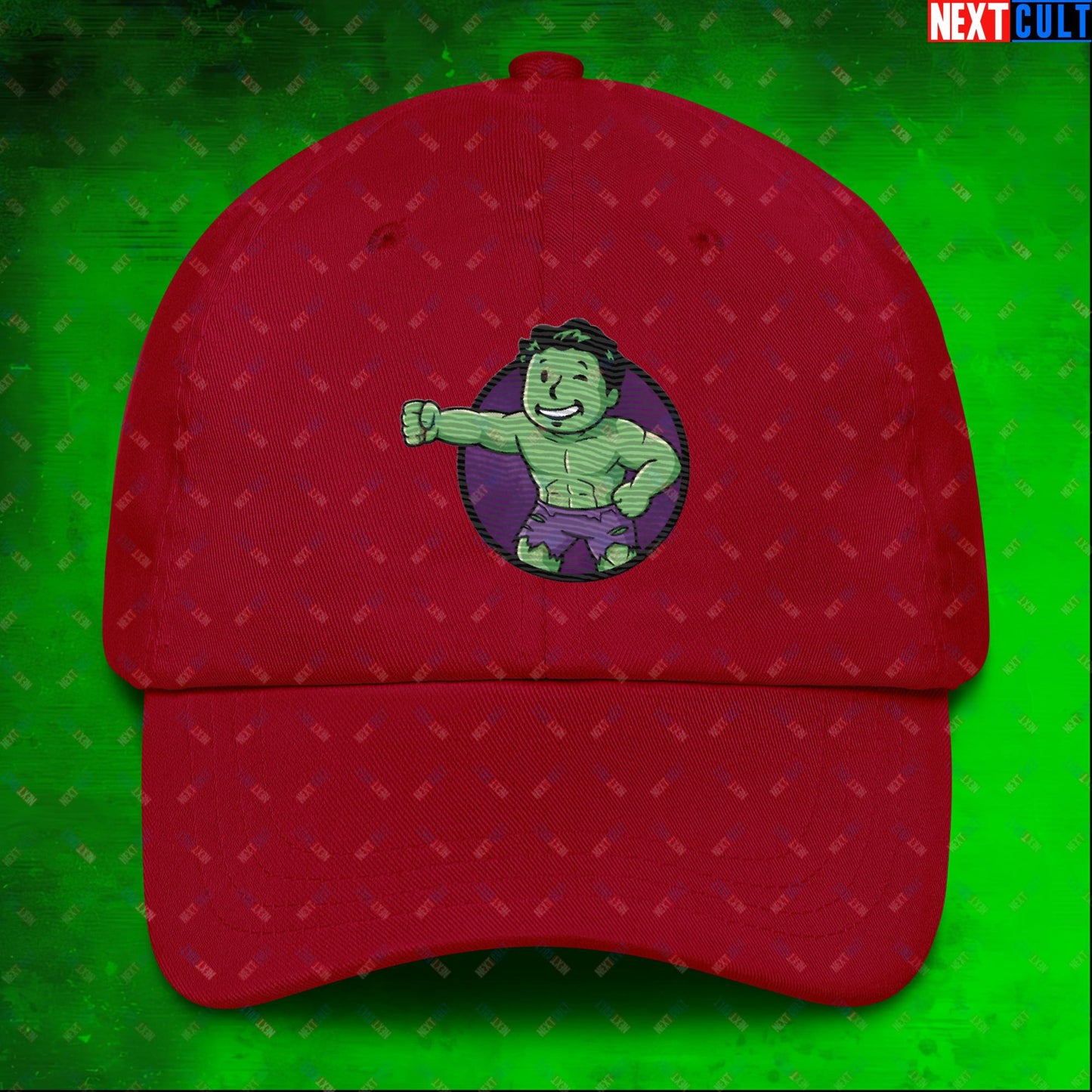 Angry Boy Hulk Vault Boy Fallout Funny Meme Cartoon Mashup Dad hat Cranberry Hats Avengers Fallout Hulk Movies Superheroes Vault Boy Next Cult Brand