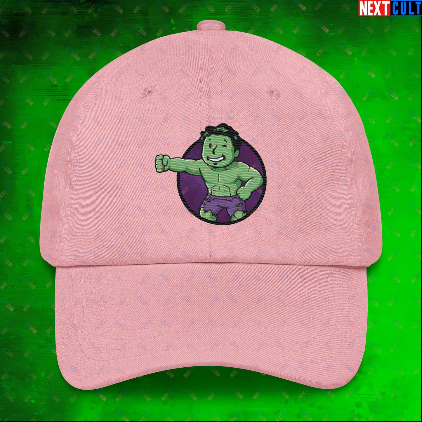 Angry Boy Hulk Vault Boy Fallout Funny Meme Cartoon Mashup Dad hat Pink Hats Avengers Fallout Hulk Movies Superheroes Vault Boy Next Cult Brand