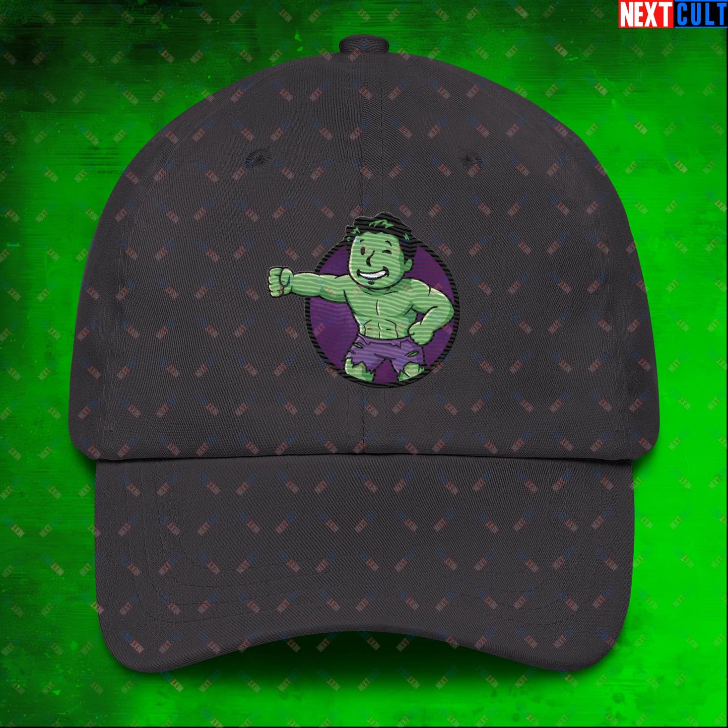 Angry Boy Hulk Vault Boy Fallout Funny Meme Cartoon Mashup Dad hat Dark Grey Hats Avengers Fallout Hulk Movies Superheroes Vault Boy Next Cult Brand