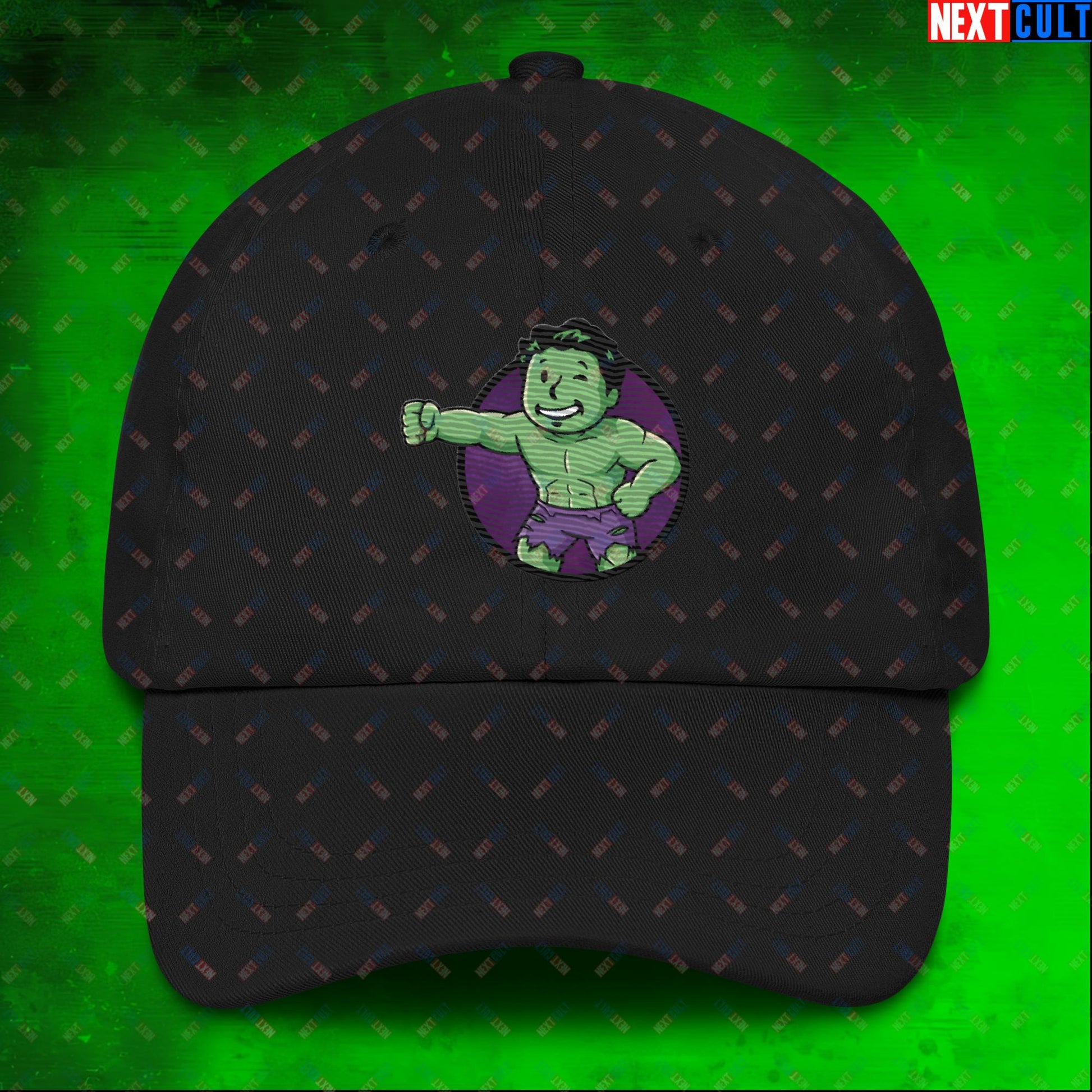 Angry Boy Hulk Vault Boy Fallout Funny Meme Cartoon Mashup Dad hat Black Hats Avengers Fallout Hulk Movies Superheroes Vault Boy Next Cult Brand
