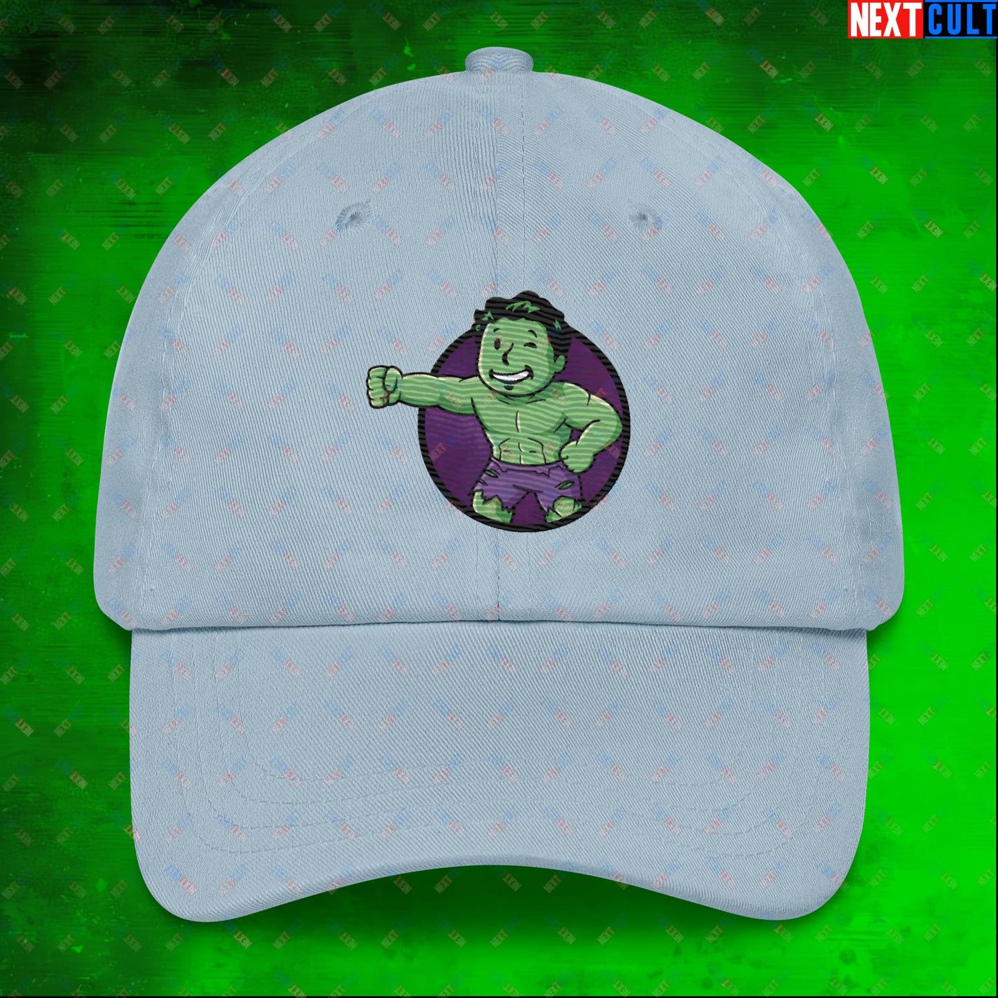 Angry Boy Hulk Vault Boy Fallout Funny Meme Cartoon Mashup Dad hat Light Blue Hats Avengers Fallout Hulk Movies Superheroes Vault Boy Next Cult Brand