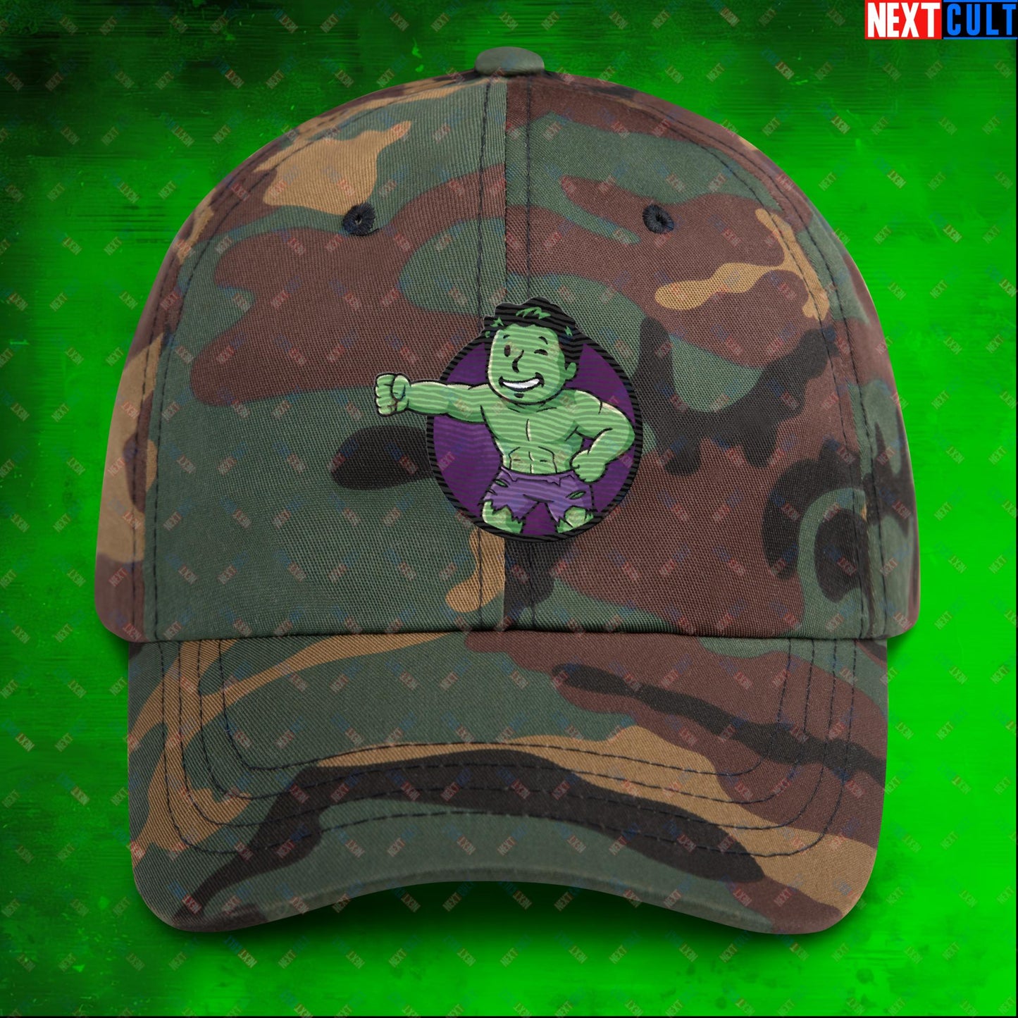 Angry Boy Hulk Vault Boy Fallout Funny Meme Cartoon Mashup Dad hat Green Camo Hats Avengers Fallout Hulk Movies Superheroes Vault Boy Next Cult Brand