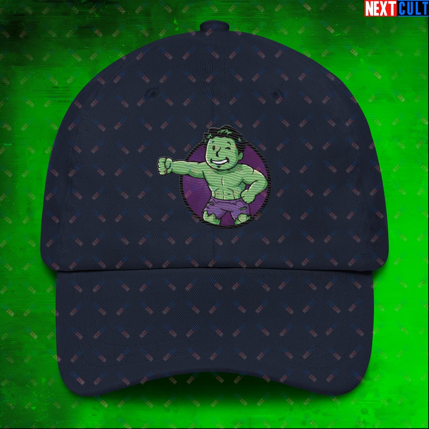 Angry Boy Hulk Vault Boy Fallout Funny Meme Cartoon Mashup Dad hat Navy Hats Avengers Fallout Hulk Movies Superheroes Vault Boy Next Cult Brand