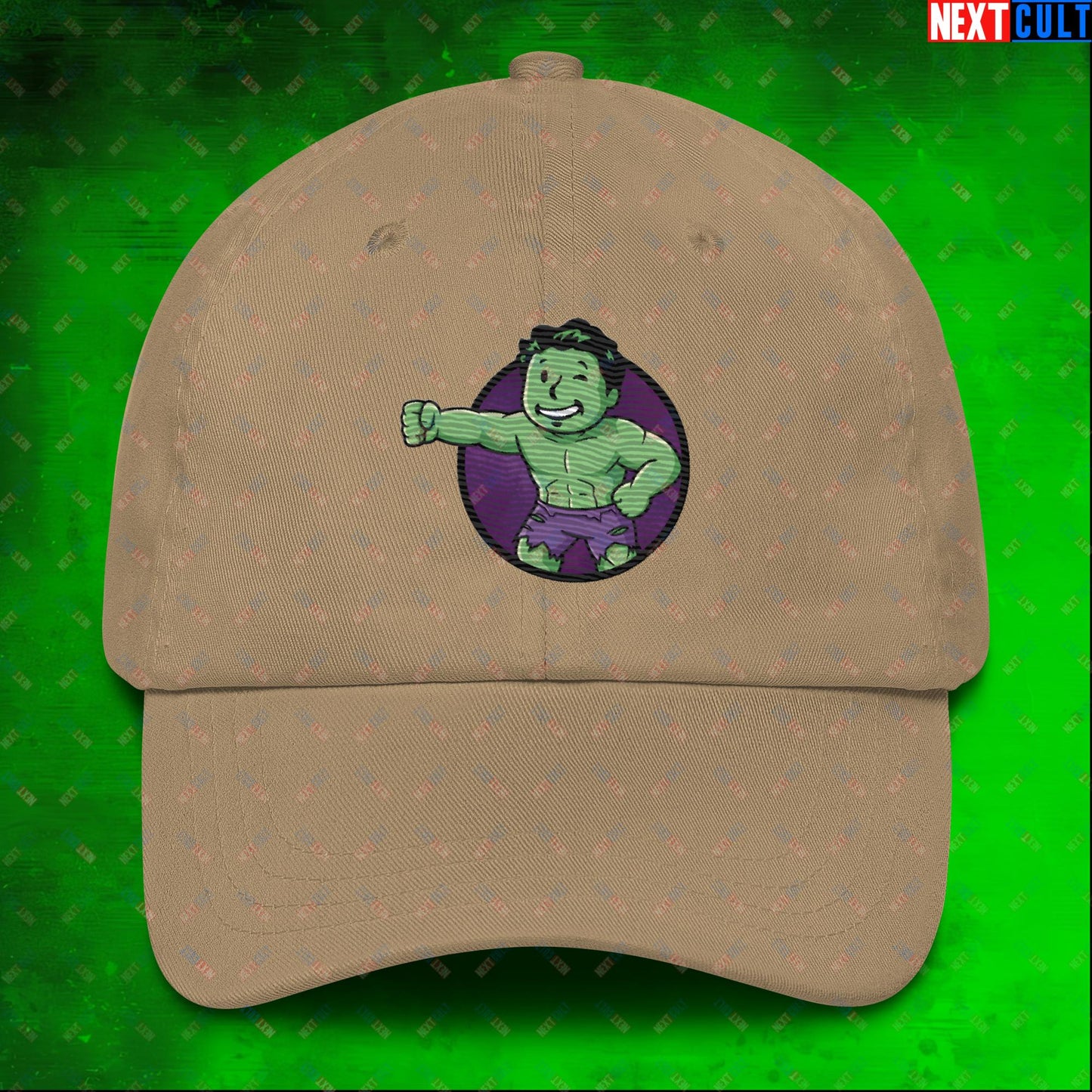 Angry Boy Hulk Vault Boy Fallout Funny Meme Cartoon Mashup Dad hat Khaki Hats Avengers Fallout Hulk Movies Superheroes Vault Boy Next Cult Brand