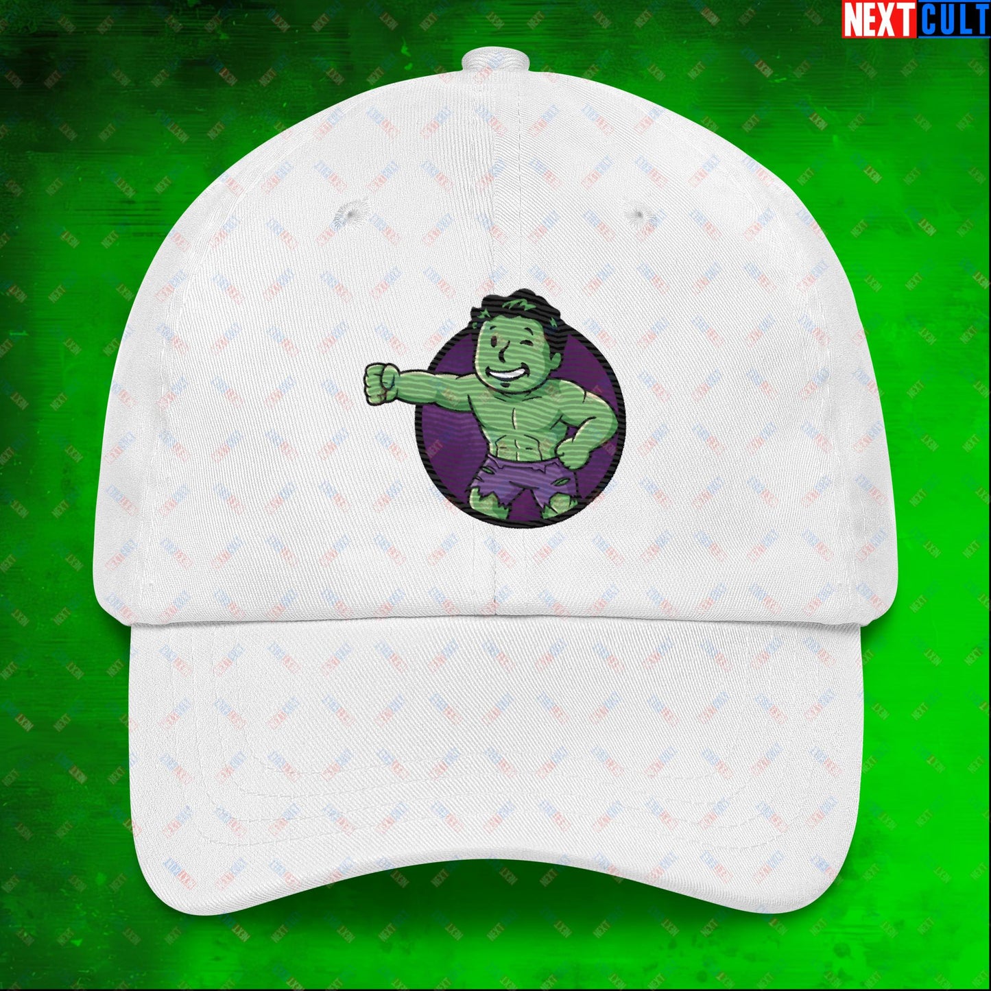 Angry Boy Hulk Vault Boy Fallout Funny Meme Cartoon Mashup Dad hat White Hats Avengers Fallout Hulk Movies Superheroes Vault Boy Next Cult Brand