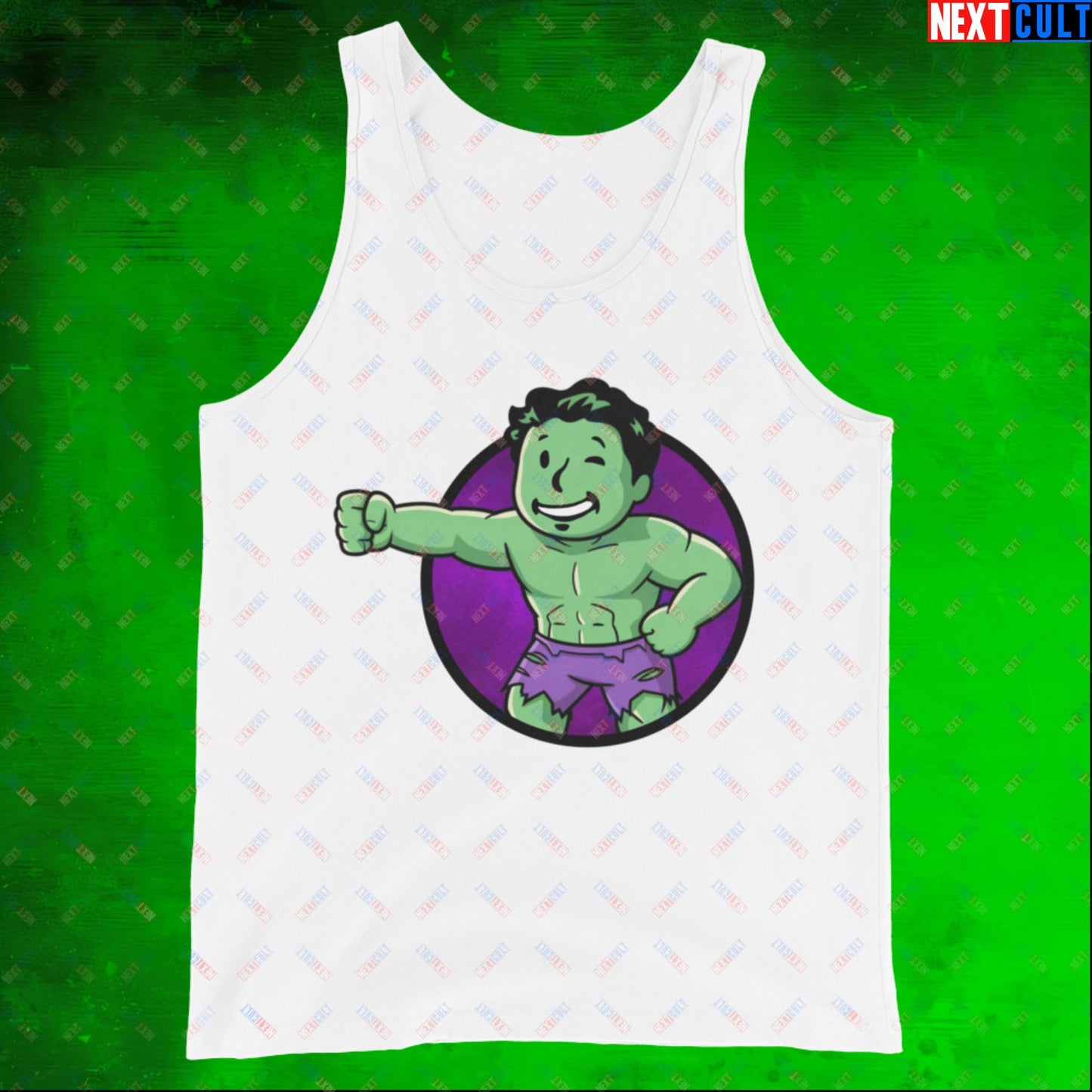 Angry Boy Hulk Vault Boy Fallout Funny Meme Cartoon Mashup Tank Top White Tank Tops Fallout Hulk Movies Superheroes Vault Boy Next Cult Brand