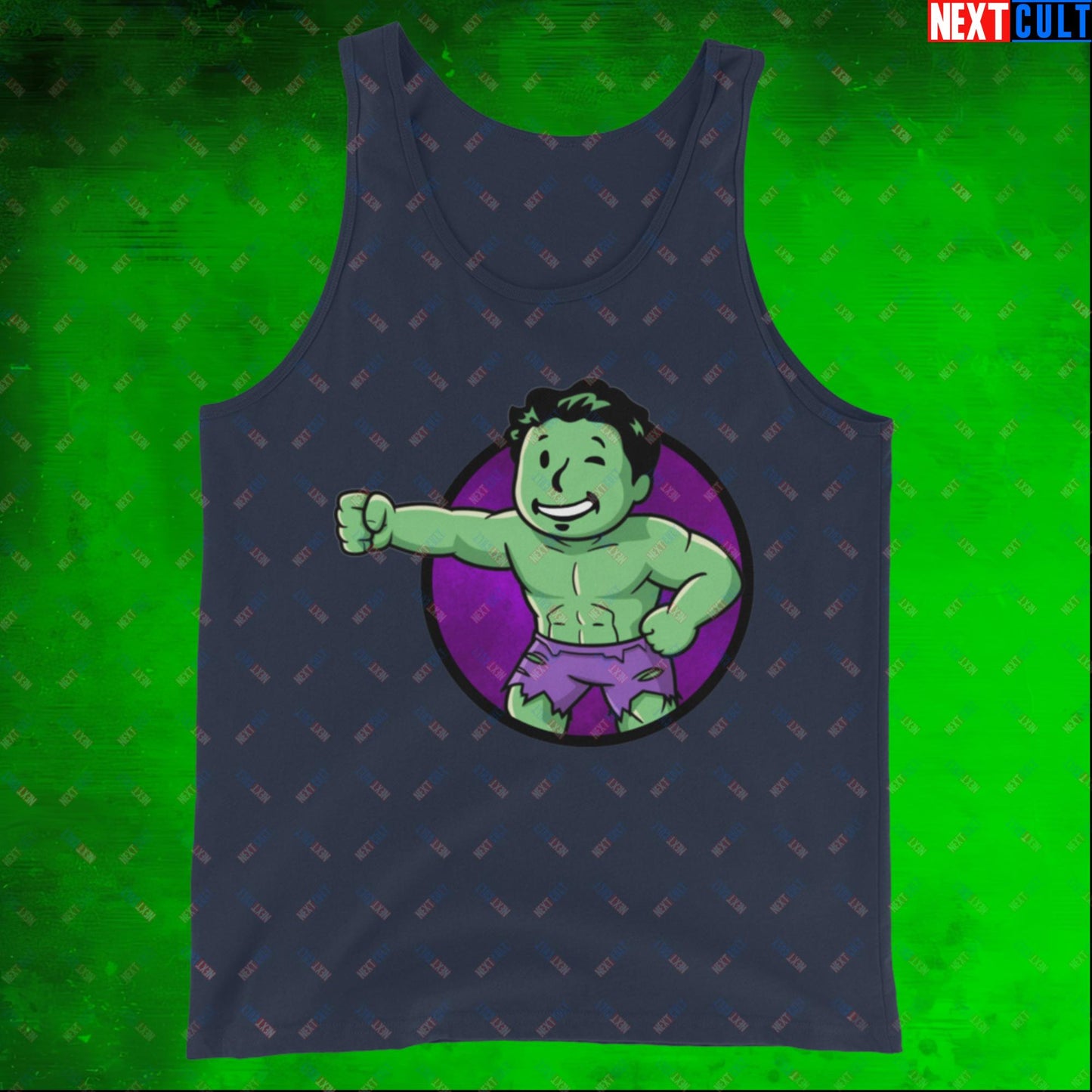 Angry Boy Hulk Vault Boy Fallout Funny Meme Cartoon Mashup Tank Top Navy Tank Tops Fallout Hulk Movies Superheroes Vault Boy Next Cult Brand