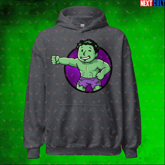 Angry Boy Hulk Vault Boy Fallout Funny Meme Cartoon Mashup Unisex Hoodie Dark Heather Hoodies Avengers Fallout Hulk Movies Superheroes Vault Boy Next Cult Brand