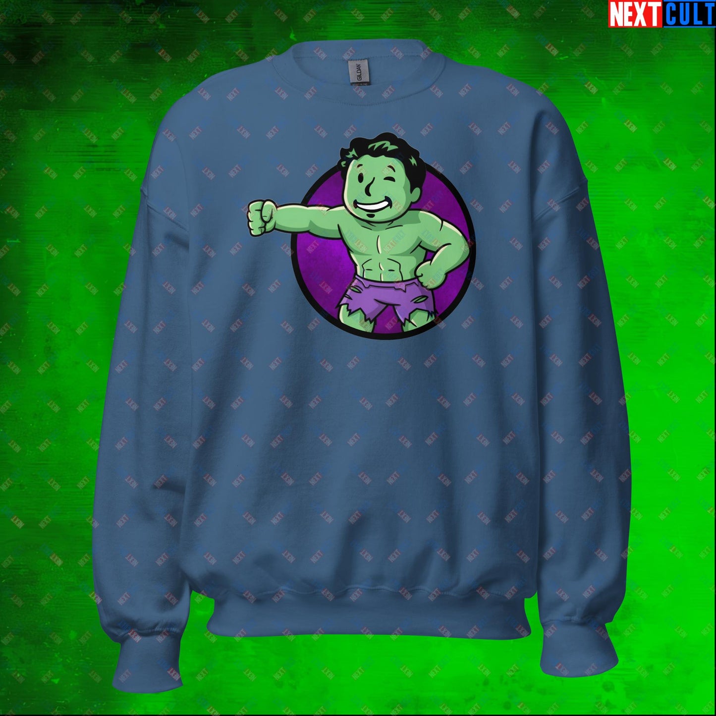 Angry Boy Hulk Vault Boy Fallout Funny Meme Cartoon Mashup Unisex Sweatshirt Indigo Blue Sweatshirts Avengers Fallout Hulk Movies Superheroes Vault Boy Next Cult Brand