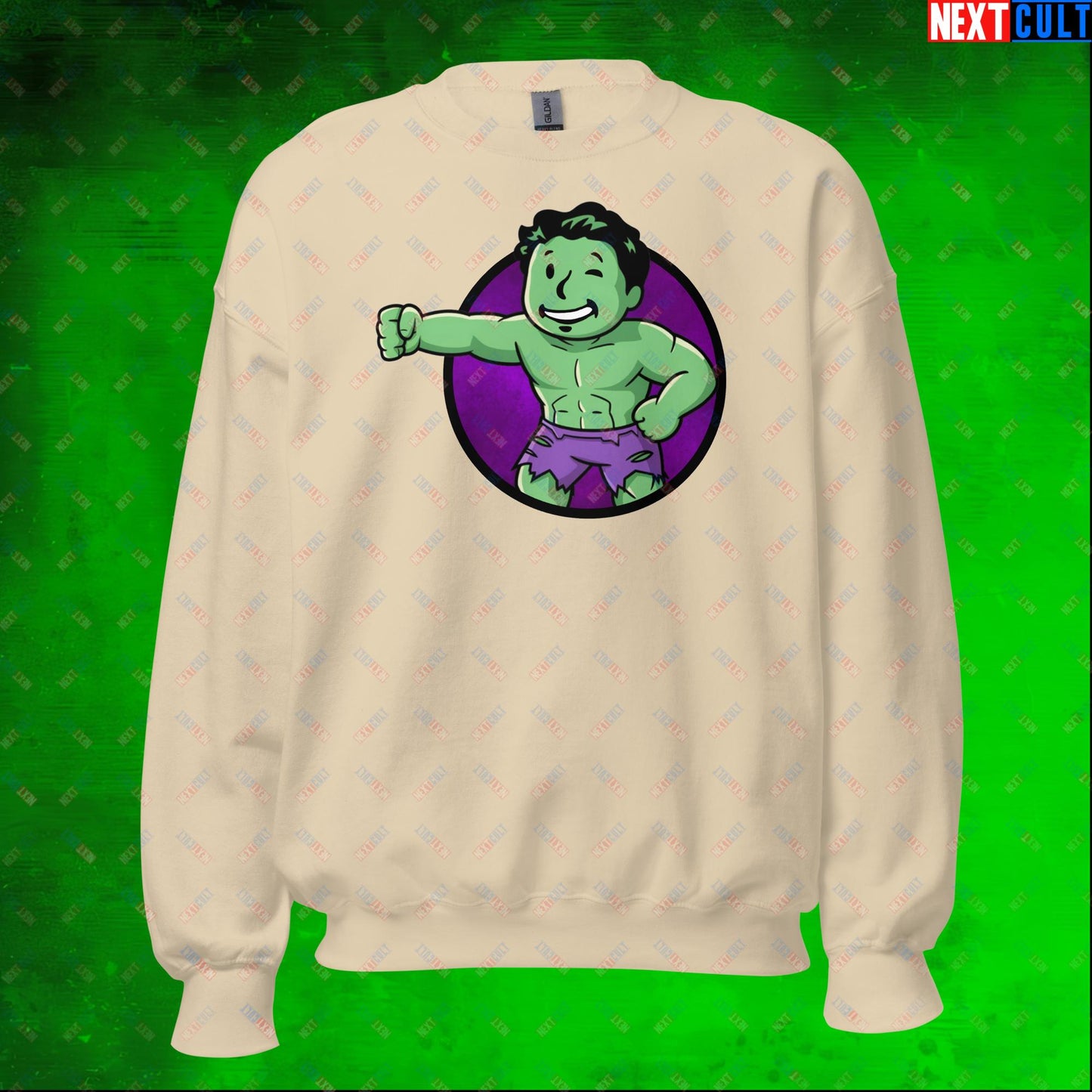 Angry Boy Hulk Vault Boy Fallout Funny Meme Cartoon Mashup Unisex Sweatshirt Sand Sweatshirts Avengers Fallout Hulk Movies Superheroes Vault Boy Next Cult Brand