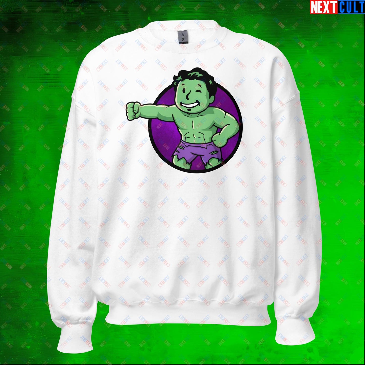 Angry Boy Hulk Vault Boy Fallout Funny Meme Cartoon Mashup Unisex Sweatshirt White Sweatshirts Avengers Fallout Hulk Movies Superheroes Vault Boy Next Cult Brand
