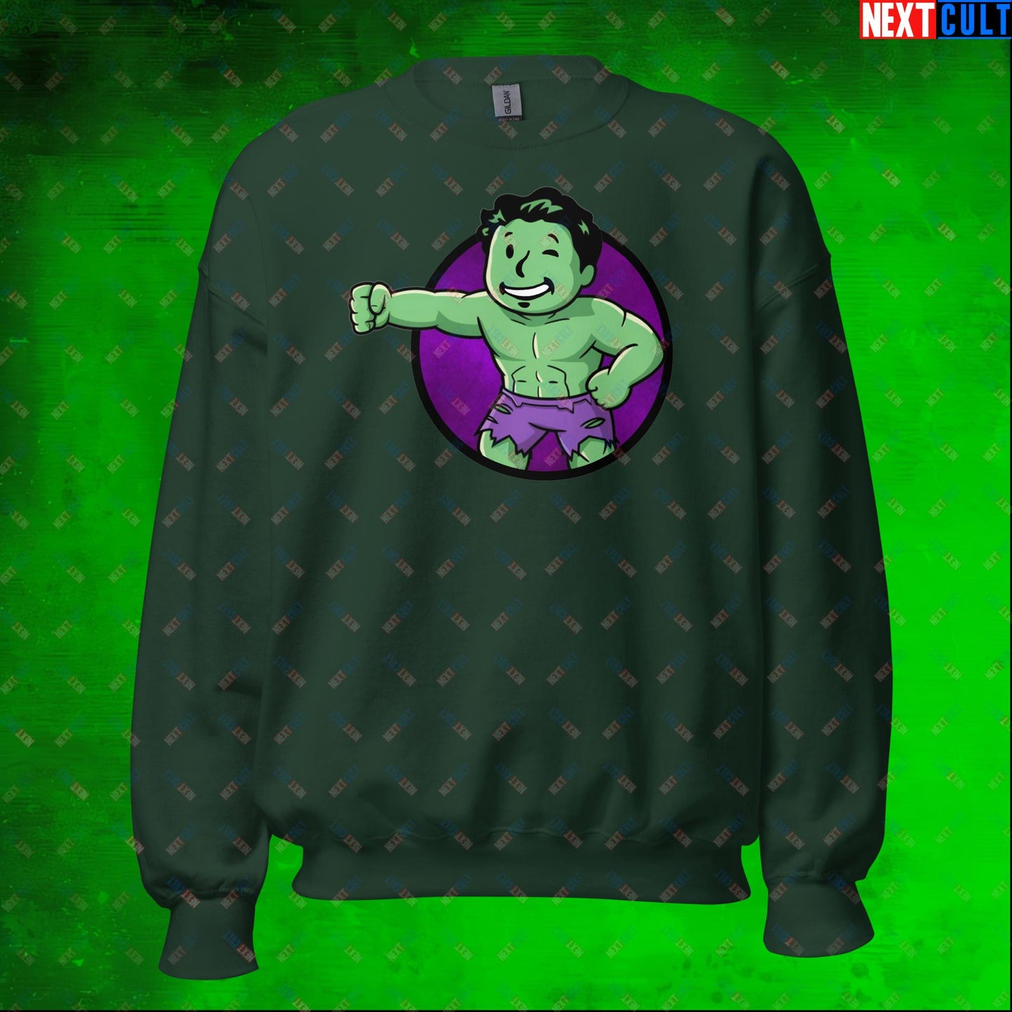 Angry Boy Hulk Vault Boy Fallout Funny Meme Cartoon Mashup Unisex Sweatshirt Forest Green Sweatshirts Avengers Fallout Hulk Movies Superheroes Vault Boy Next Cult Brand