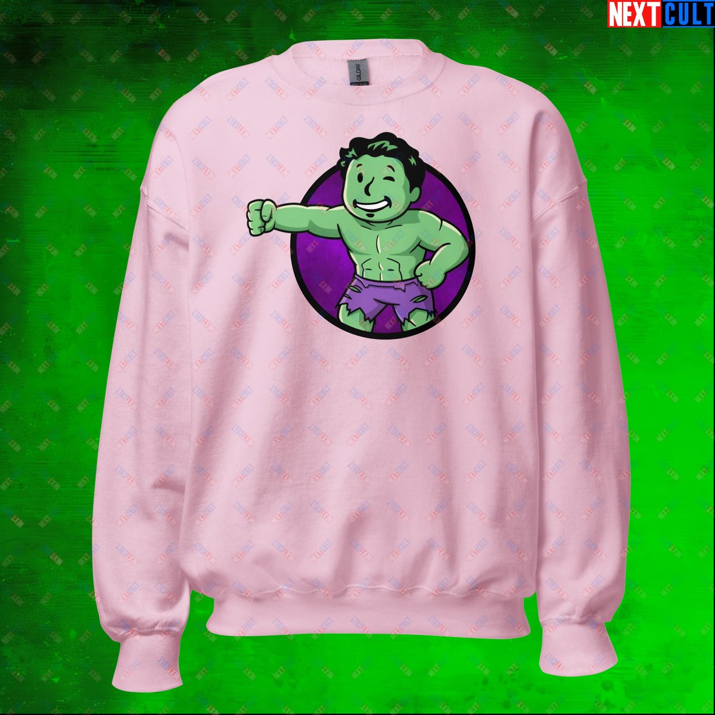 Angry Boy Hulk Vault Boy Fallout Funny Meme Cartoon Mashup Unisex Sweatshirt Light Pink Sweatshirts Avengers Fallout Hulk Movies Superheroes Vault Boy Next Cult Brand