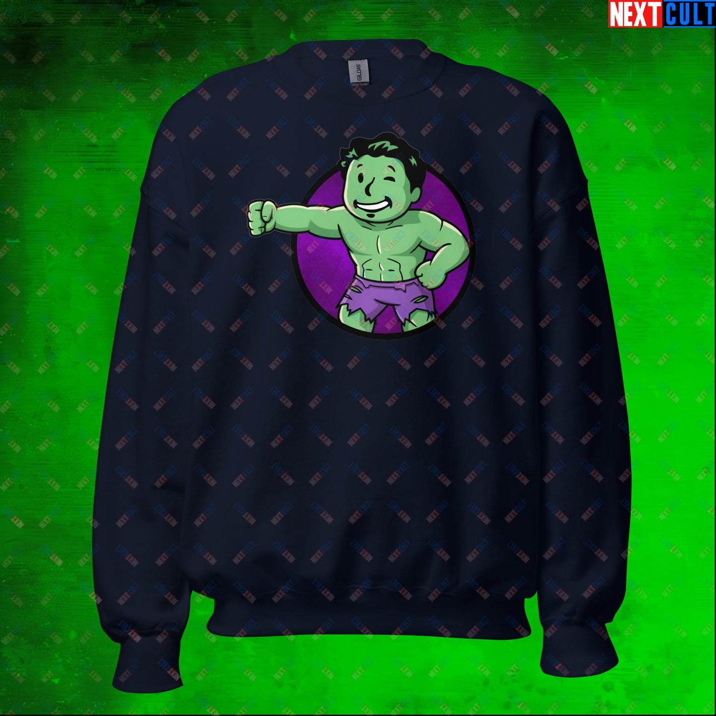 Angry Boy Hulk Vault Boy Fallout Funny Meme Cartoon Mashup Unisex Sweatshirt Navy Sweatshirts Avengers Fallout Hulk Movies Superheroes Vault Boy Next Cult Brand