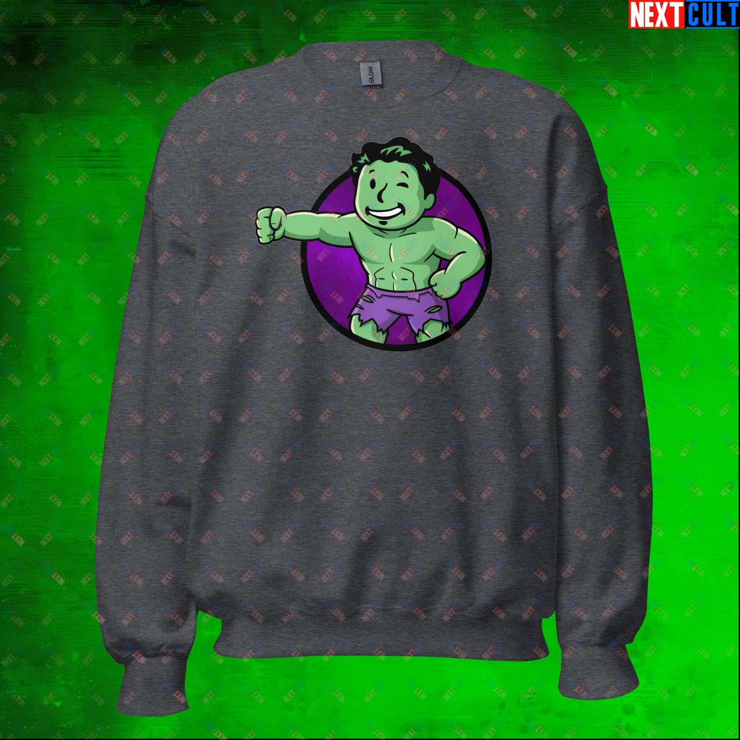 Angry Boy Hulk Vault Boy Fallout Funny Meme Cartoon Mashup Unisex Sweatshirt Dark Heather Sweatshirts Avengers Fallout Hulk Movies Superheroes Vault Boy Next Cult Brand