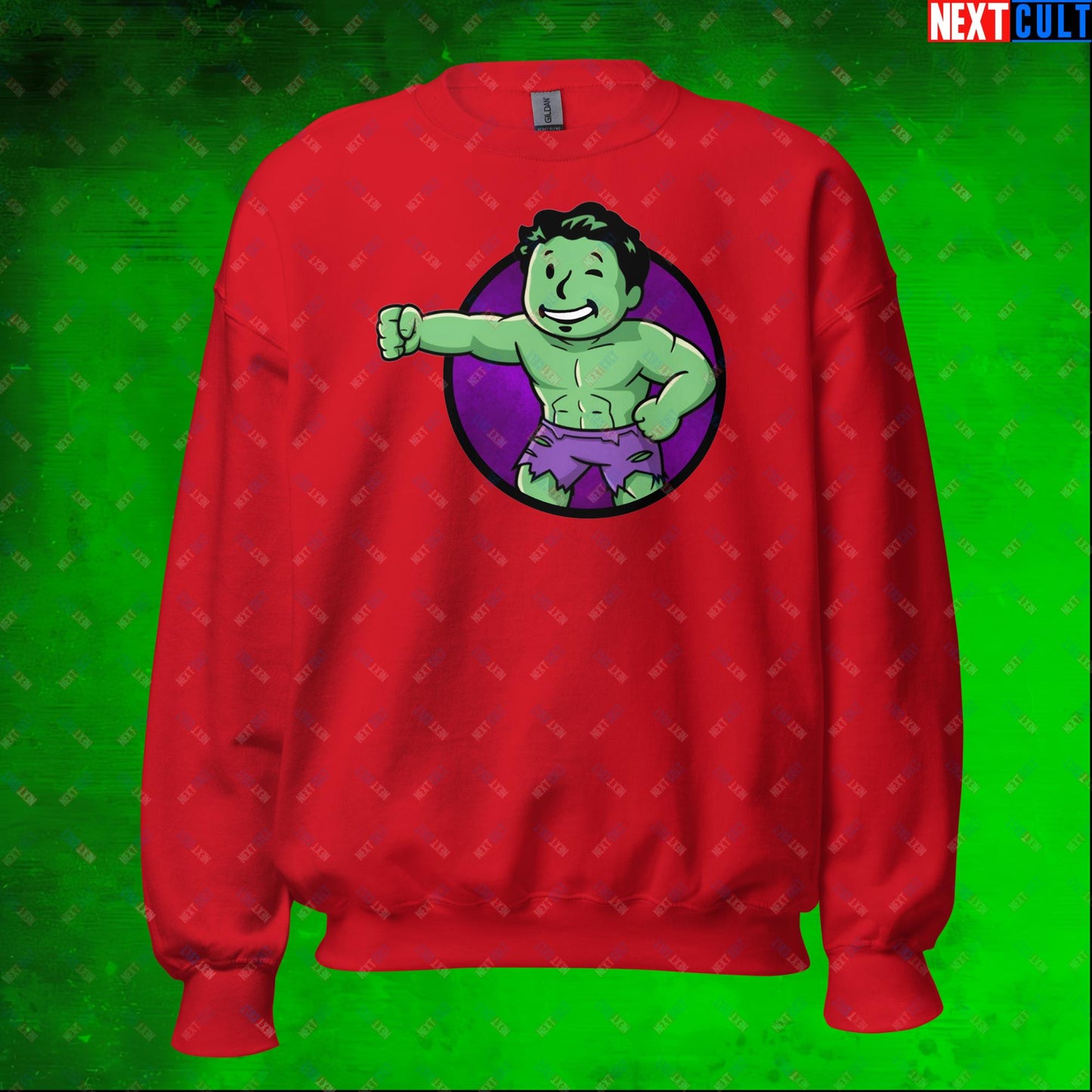 Angry Boy Hulk Vault Boy Fallout Funny Meme Cartoon Mashup Unisex Sweatshirt Red Sweatshirts Avengers Fallout Hulk Movies Superheroes Vault Boy Next Cult Brand