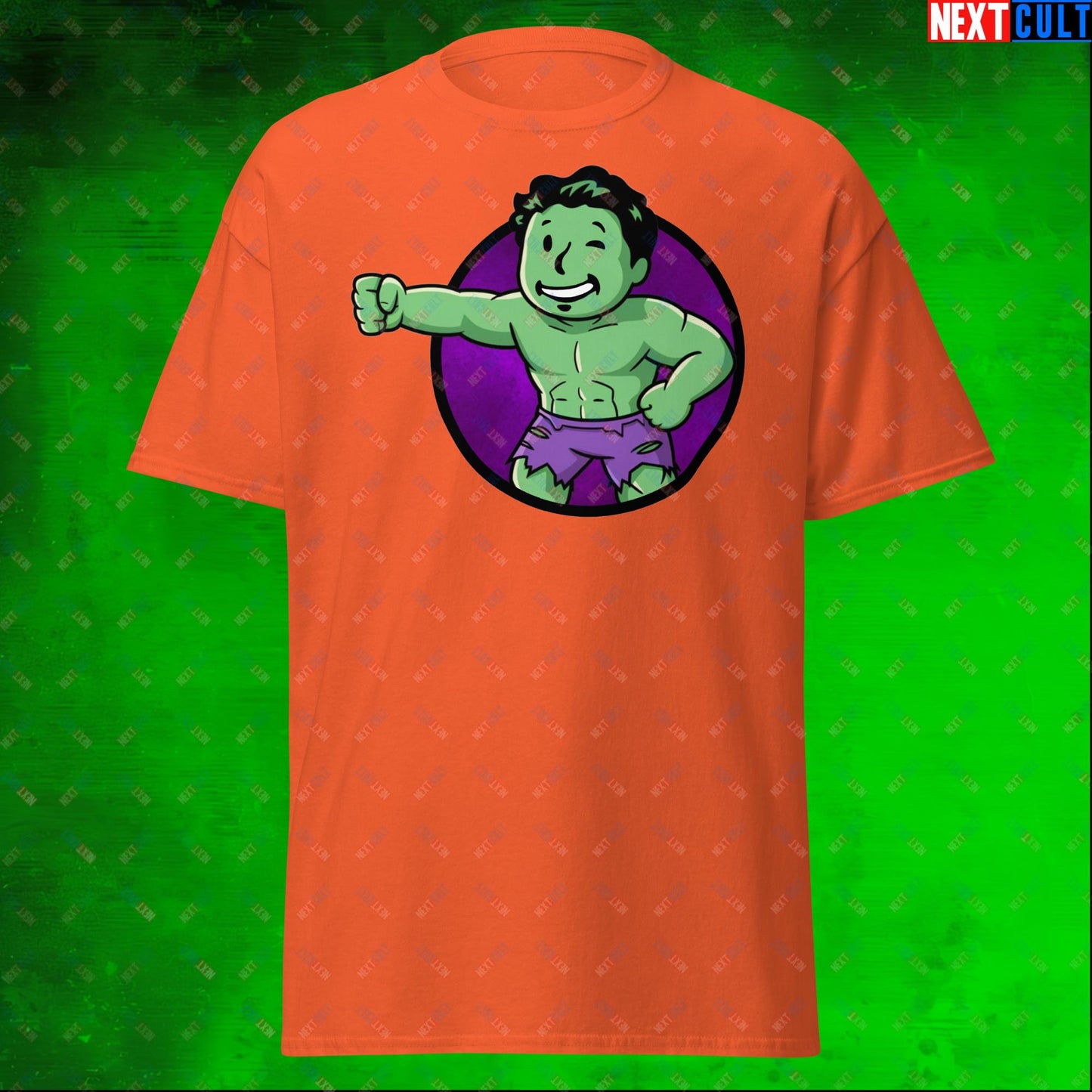Angry Boy Hulk Vault Boy Fallout Funny Meme Cartoon Mashup Unisex tee Orange T-shirts Avengers Fallout Hulk Movies Superheroes Vault Boy Next Cult Brand