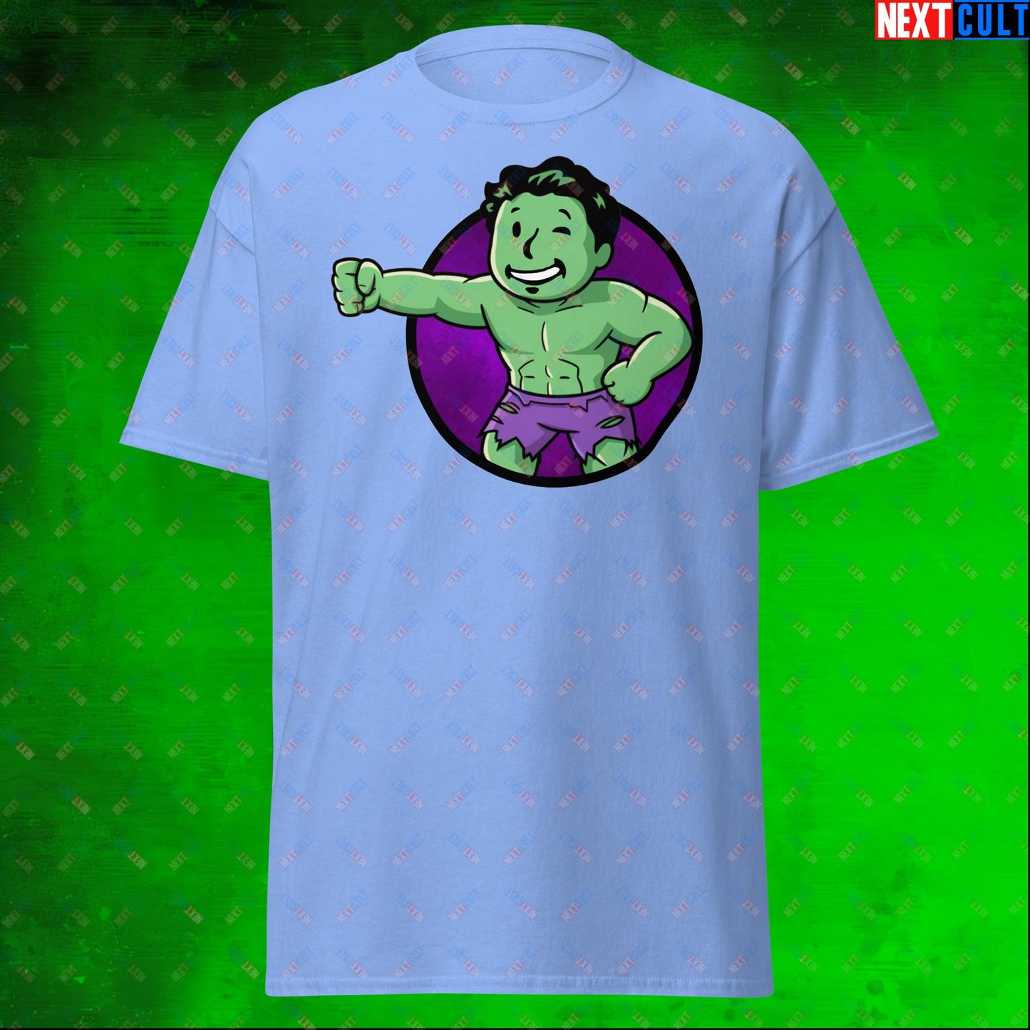 Angry Boy Hulk Vault Boy Fallout Funny Meme Cartoon Mashup Unisex tee Carolina Blue T-shirts Avengers Fallout Hulk Movies Superheroes Vault Boy Next Cult Brand
