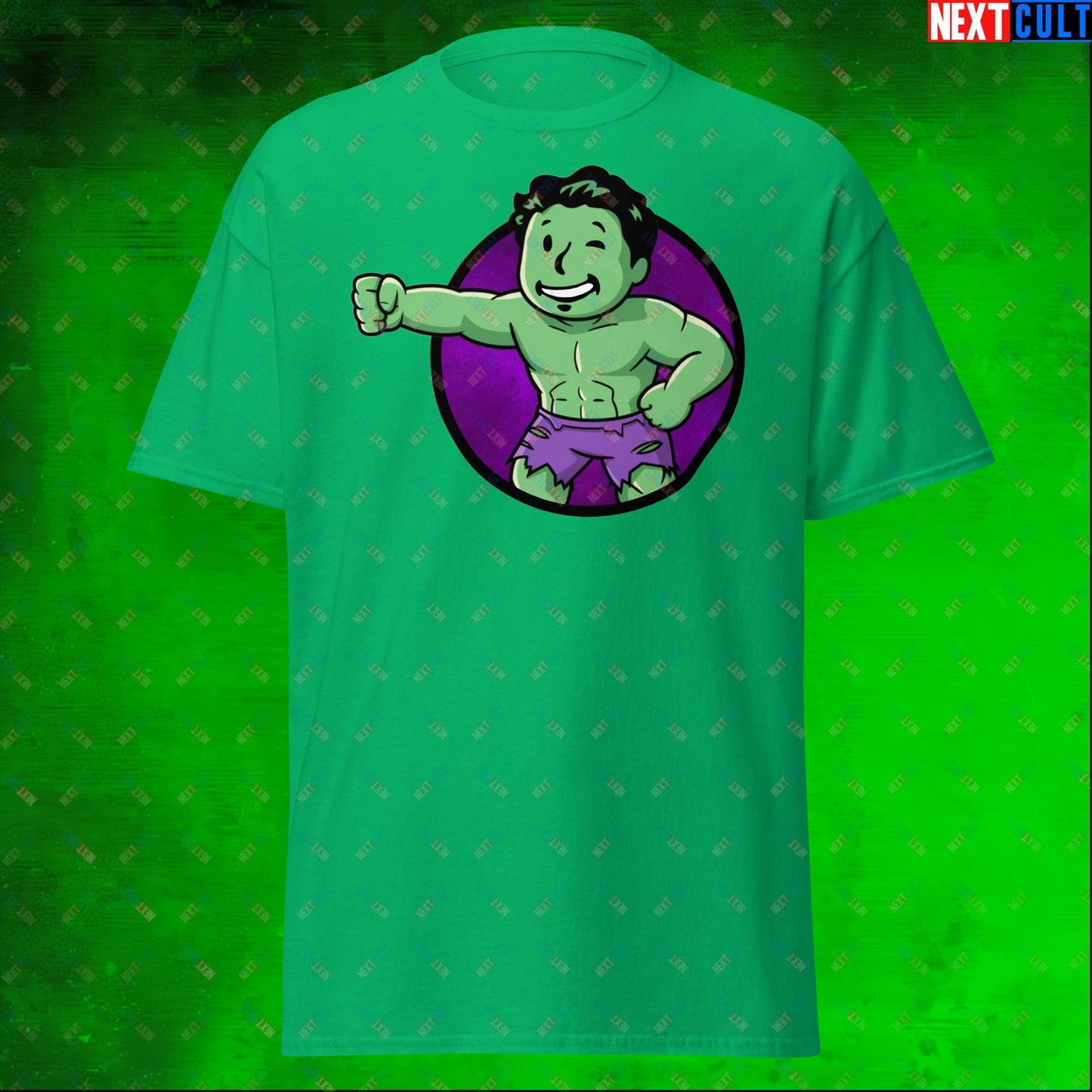 Angry Boy Hulk Vault Boy Fallout Funny Meme Cartoon Mashup Unisex tee Irish Green T-shirts Avengers Fallout Hulk Movies Superheroes Vault Boy Next Cult Brand