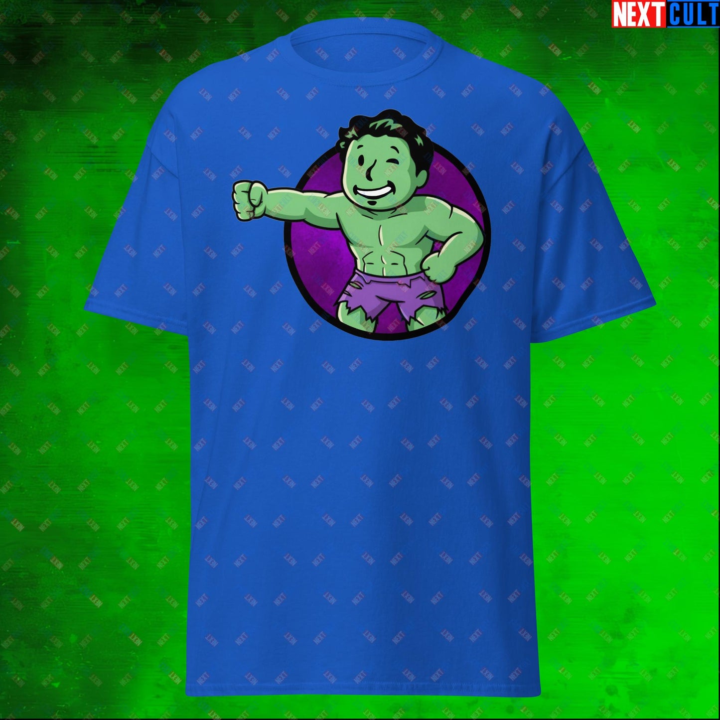 Angry Boy Hulk Vault Boy Fallout Funny Meme Cartoon Mashup Unisex tee Royal T-shirts Avengers Fallout Hulk Movies Superheroes Vault Boy Next Cult Brand