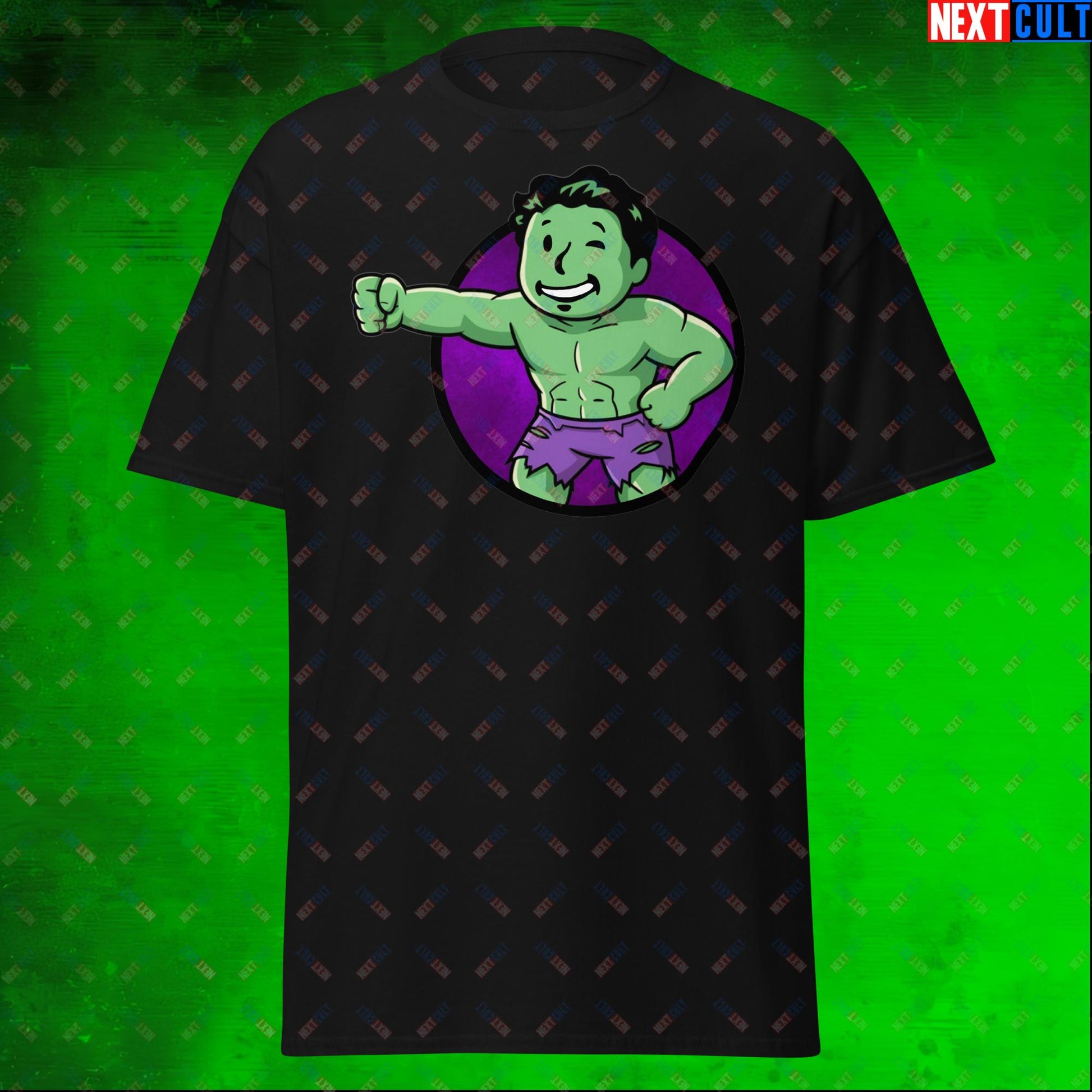 Angry Boy Hulk Vault Boy Fallout Funny Meme Cartoon Mashup Unisex tee Black T-shirts Avengers Fallout Hulk Movies Superheroes Vault Boy Next Cult Brand