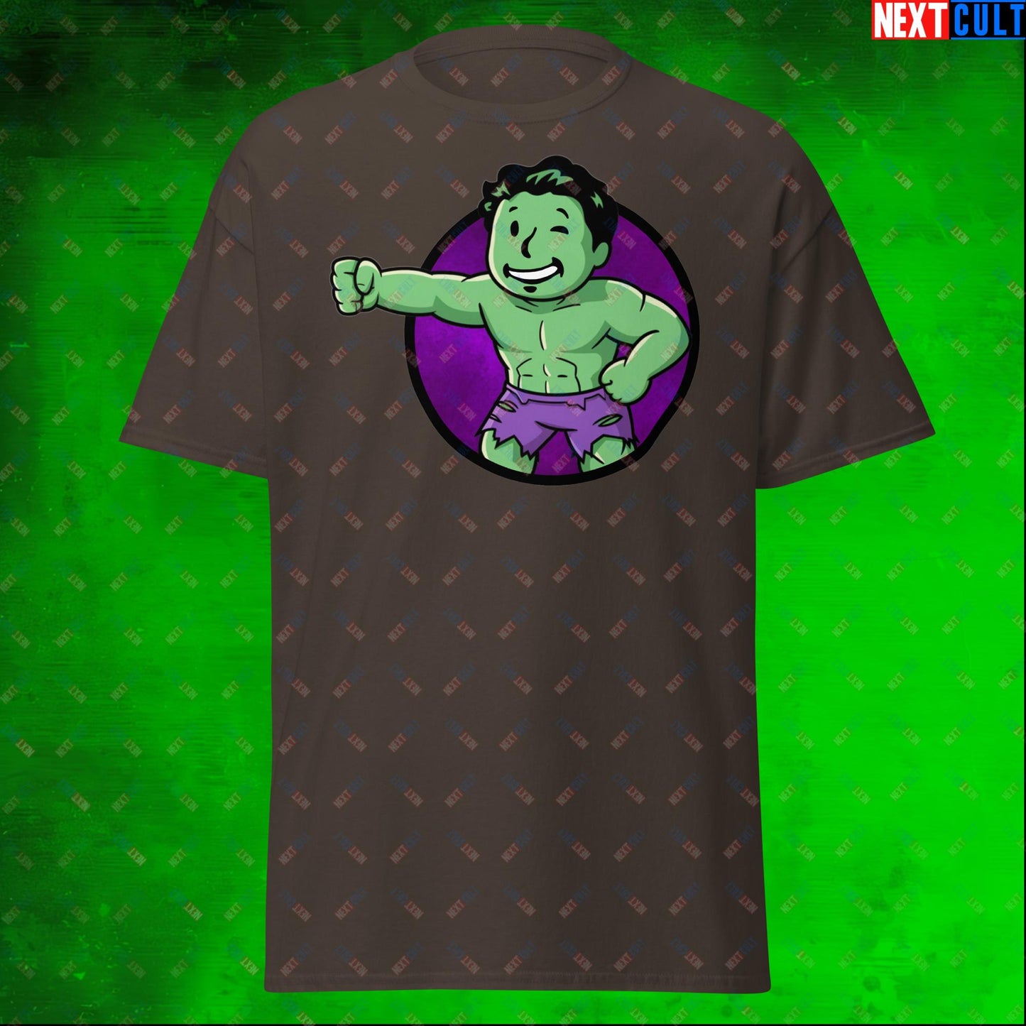 Angry Boy Hulk Vault Boy Fallout Funny Meme Cartoon Mashup Unisex tee Dark Chocolate T-shirts Avengers Fallout Hulk Movies Superheroes Vault Boy Next Cult Brand