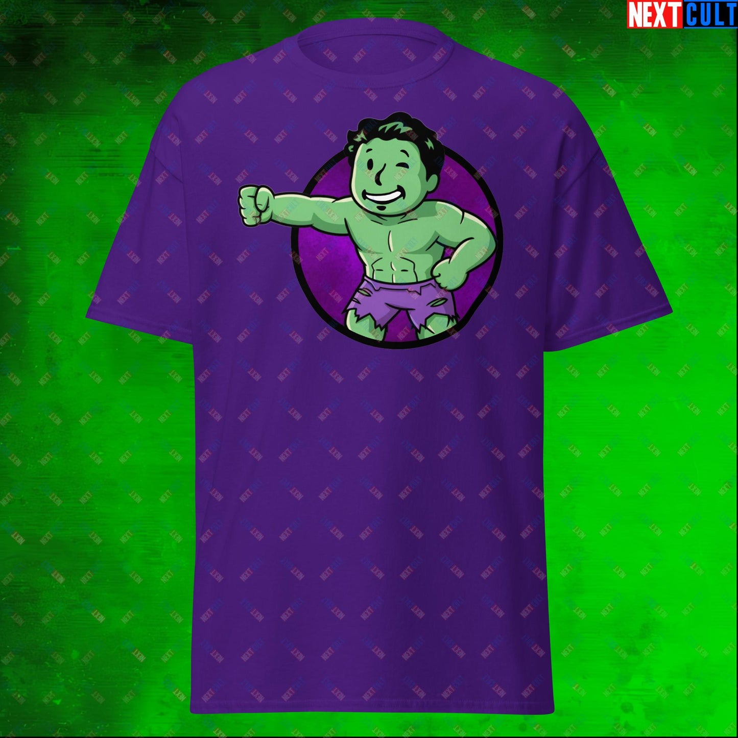 Angry Boy Hulk Vault Boy Fallout Funny Meme Cartoon Mashup Unisex tee Purple T-shirts Avengers Fallout Hulk Movies Superheroes Vault Boy Next Cult Brand