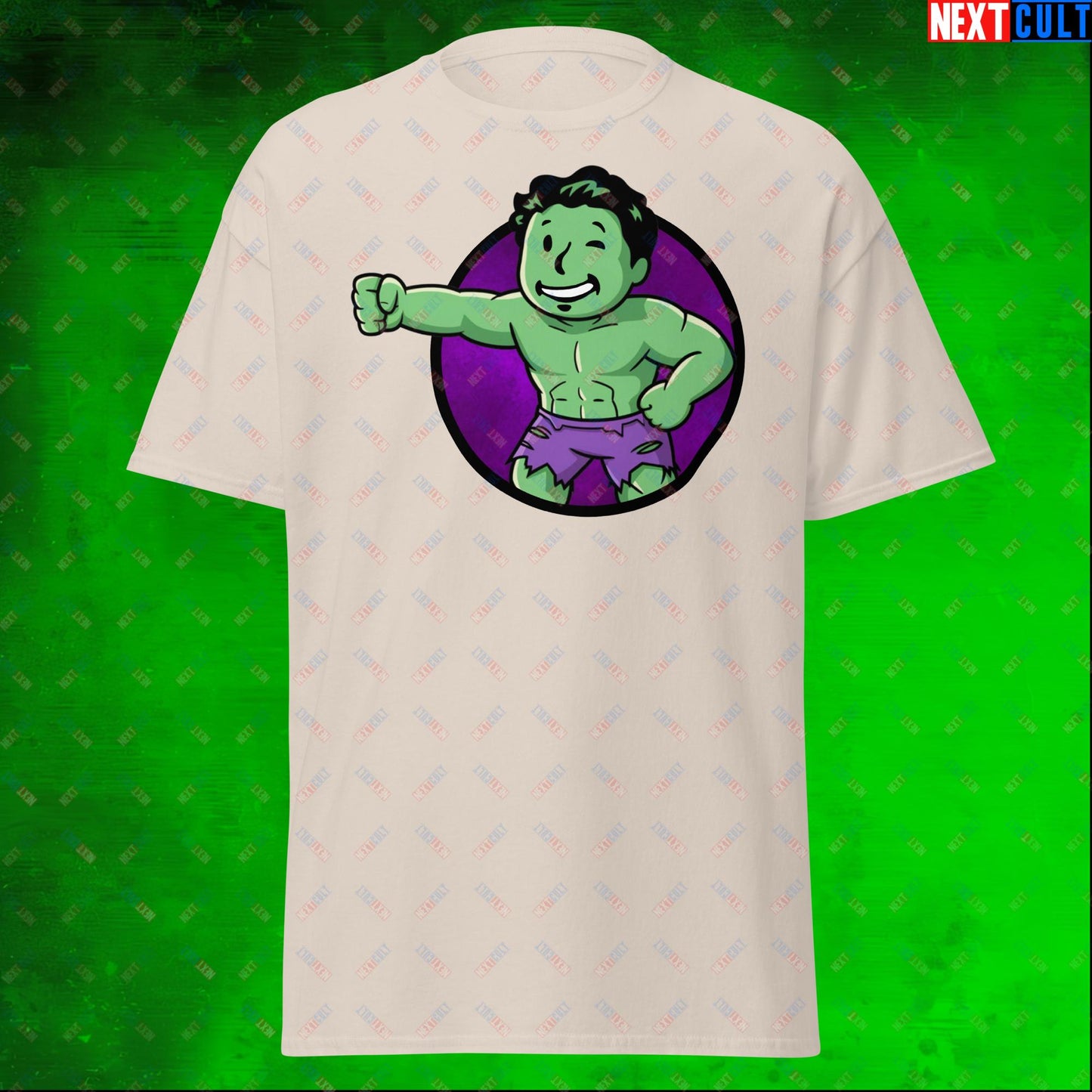 Angry Boy Hulk Vault Boy Fallout Funny Meme Cartoon Mashup Unisex tee Natural T-shirts Avengers Fallout Hulk Movies Superheroes Vault Boy Next Cult Brand