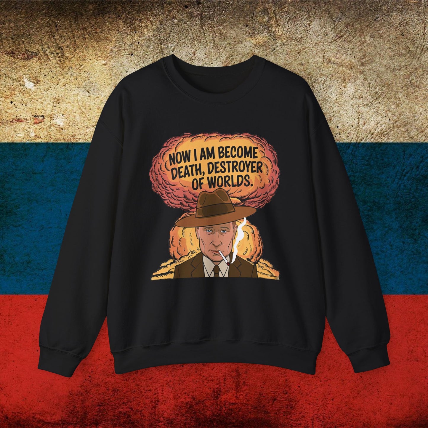 Anti Vladimir Putin Destroyer of Worlds Oppenheimer Unisex Heavy Blend Crewneck Sweatshirt Black Sweatshirts Politics Vladimir Putin Printify