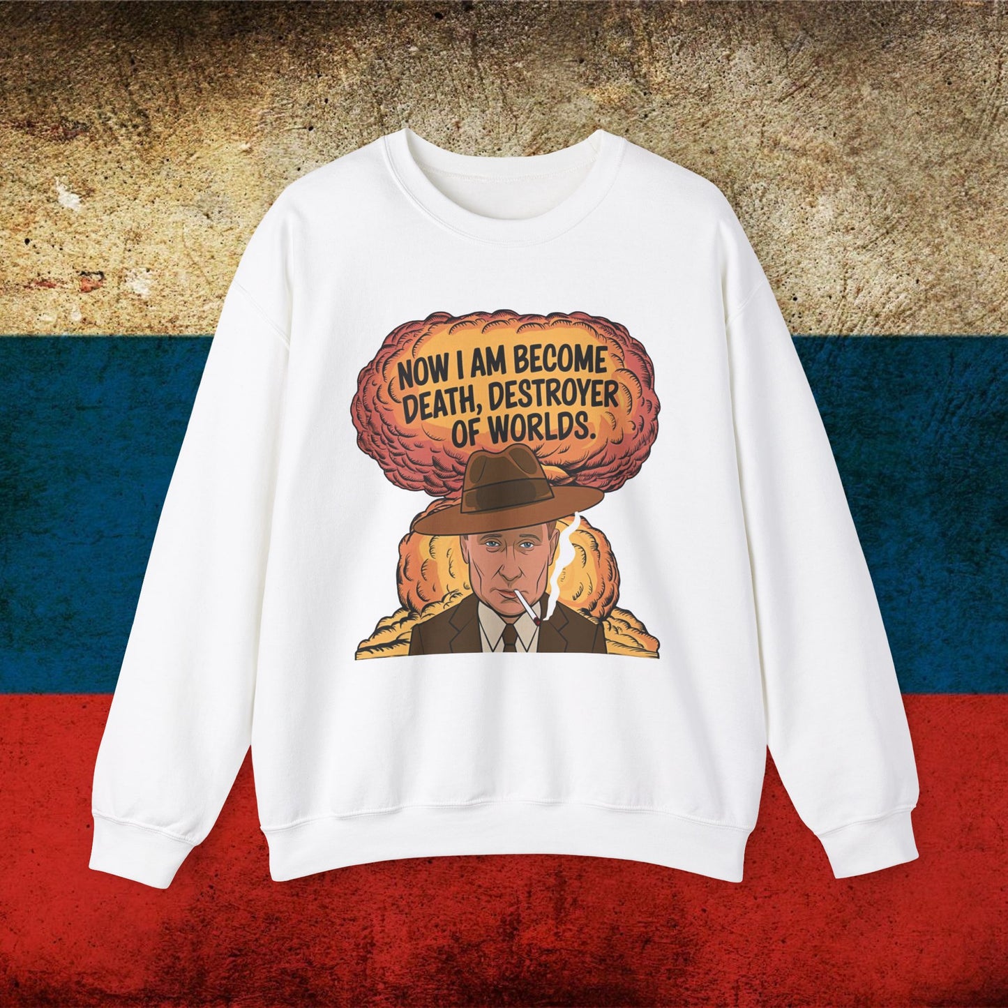 Anti Vladimir Putin Destroyer of Worlds Oppenheimer Unisex Heavy Blend Crewneck Sweatshirt White Sweatshirts Politics Vladimir Putin Printify