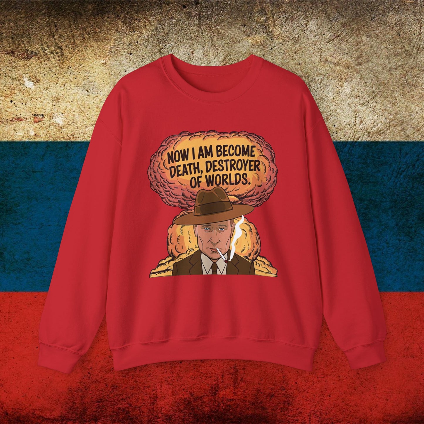 Anti Vladimir Putin Destroyer of Worlds Oppenheimer Unisex Heavy Blend Crewneck Sweatshirt Red Sweatshirts Politics Vladimir Putin Printify