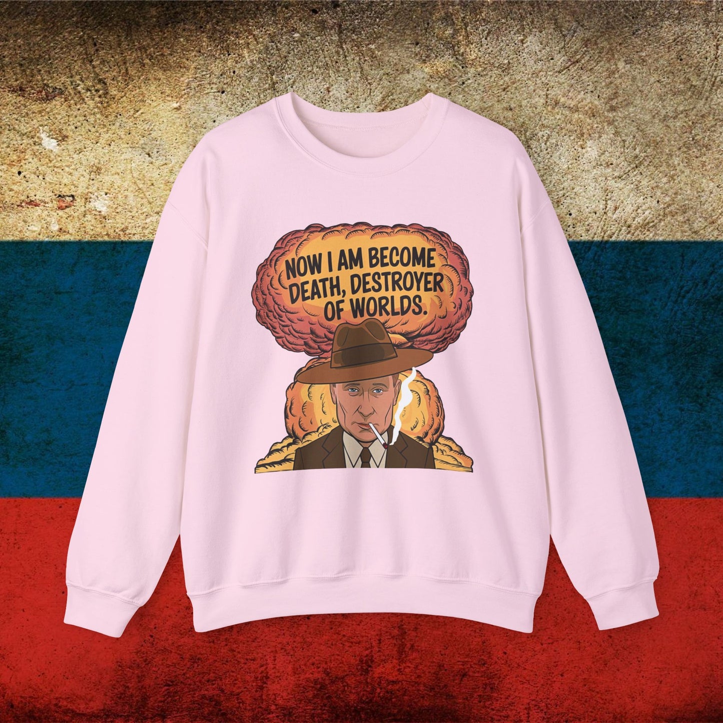Anti Vladimir Putin Destroyer of Worlds Oppenheimer Unisex Heavy Blend Crewneck Sweatshirt Light Pink Sweatshirts Politics Vladimir Putin Printify