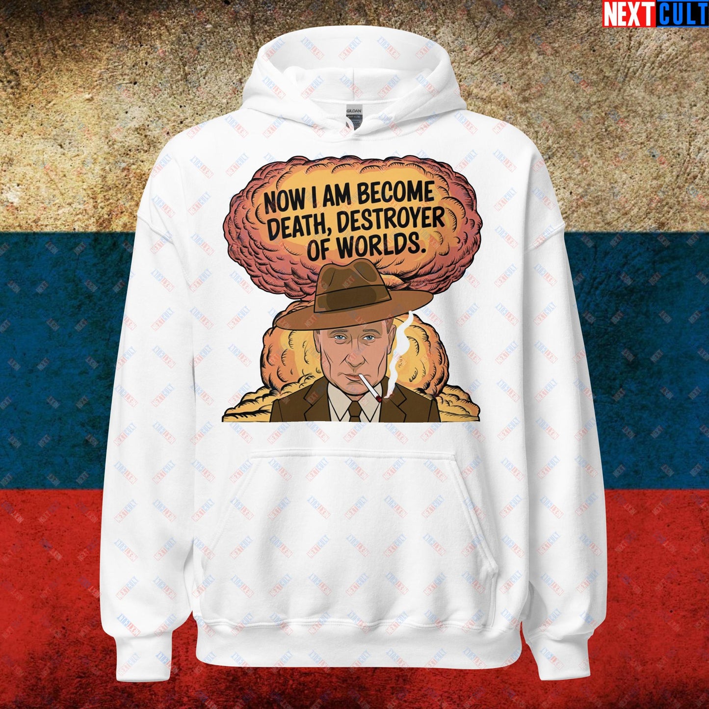 Anti Vladimir Putin Destroyer of Worlds Oppenheimer Unisex Hoodie White Hoodies Politics Vladimir Putin Next Cult Brand