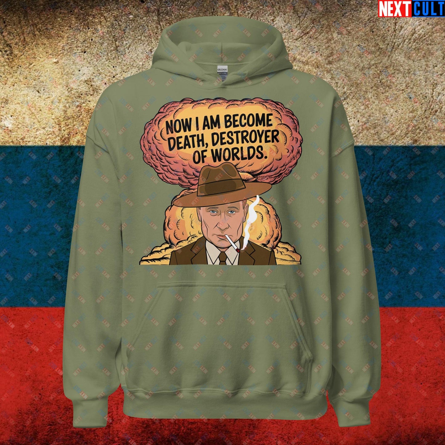 Anti Vladimir Putin Destroyer of Worlds Oppenheimer Unisex Hoodie Military Green Hoodies Politics Vladimir Putin Next Cult Brand