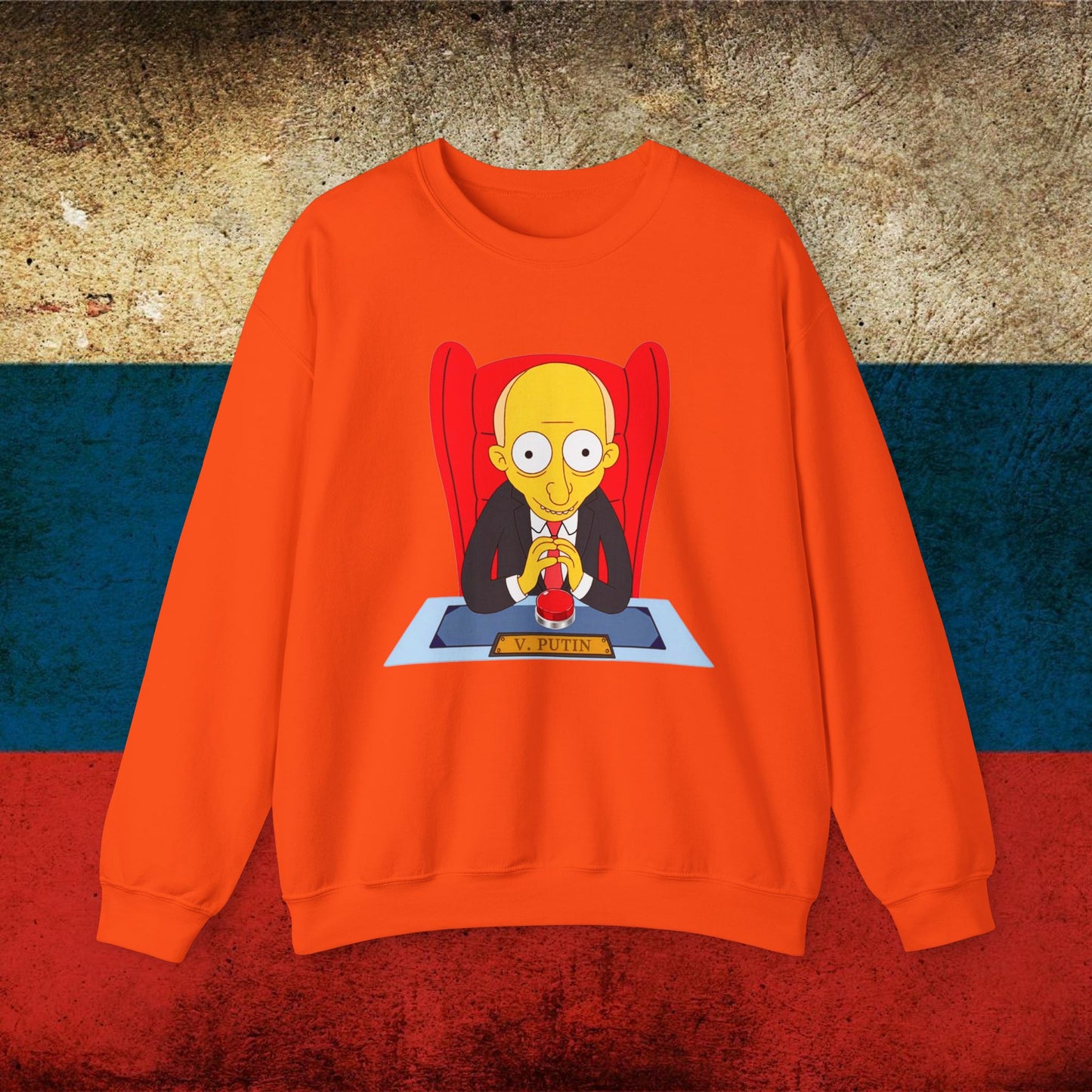 Anti Vladimir Putin Funny Mr. Burns Simpsons Unisex Heavy Blend Crewneck Sweatshirt Orange Sweatshirts Politics Vladimir Putin Printify