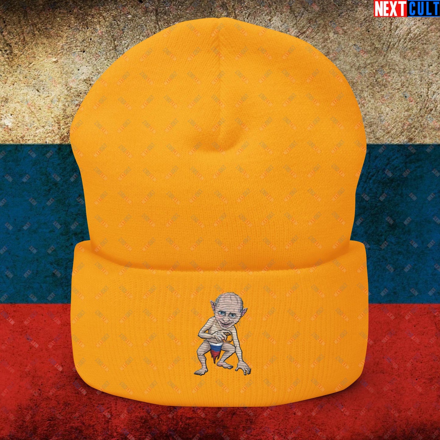 Anti Vladimir Putin Gollum Funny Cuffed Beanie Gold Hats Politics Vladimir Putin Next Cult Brand