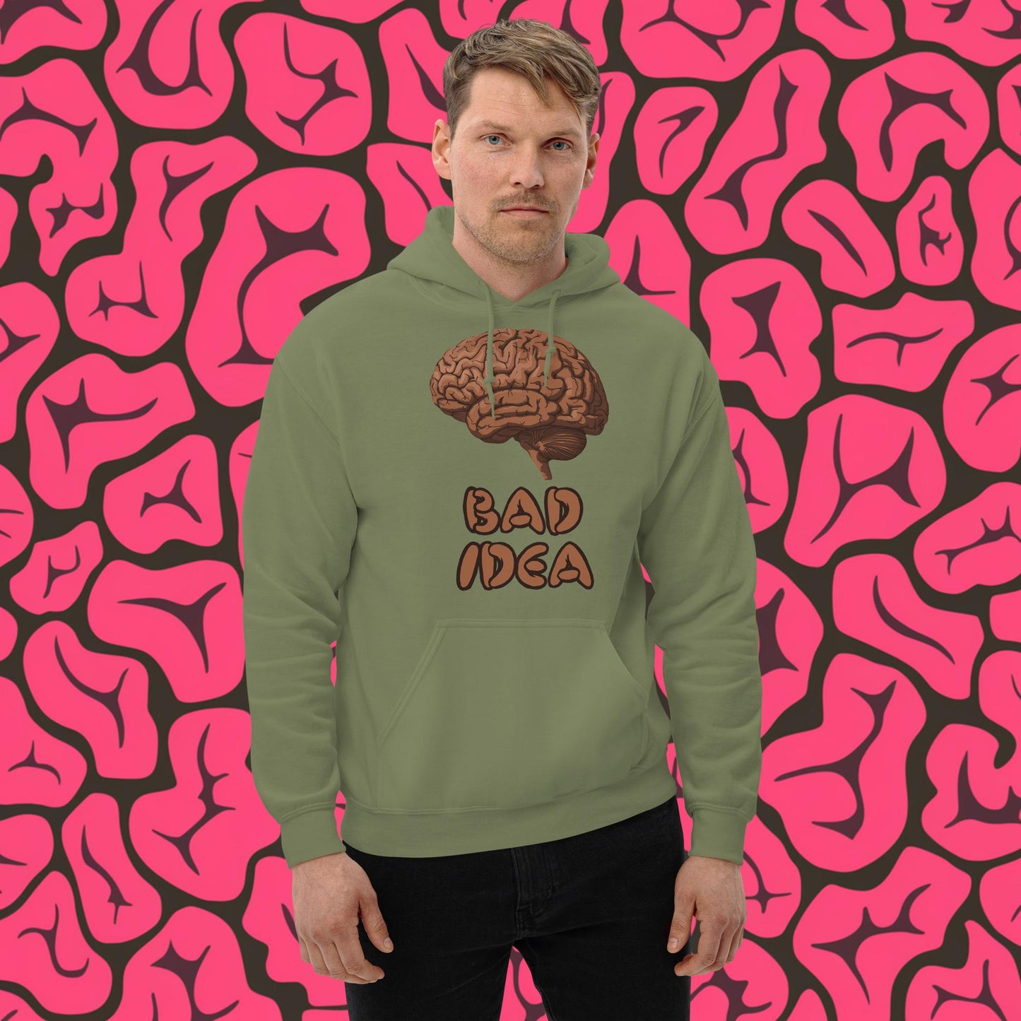 Bad Idea Shit Idea Brown Brains Unisex Hoodie Military Green Hoodies Brains Feelings Life Next Cult Brand