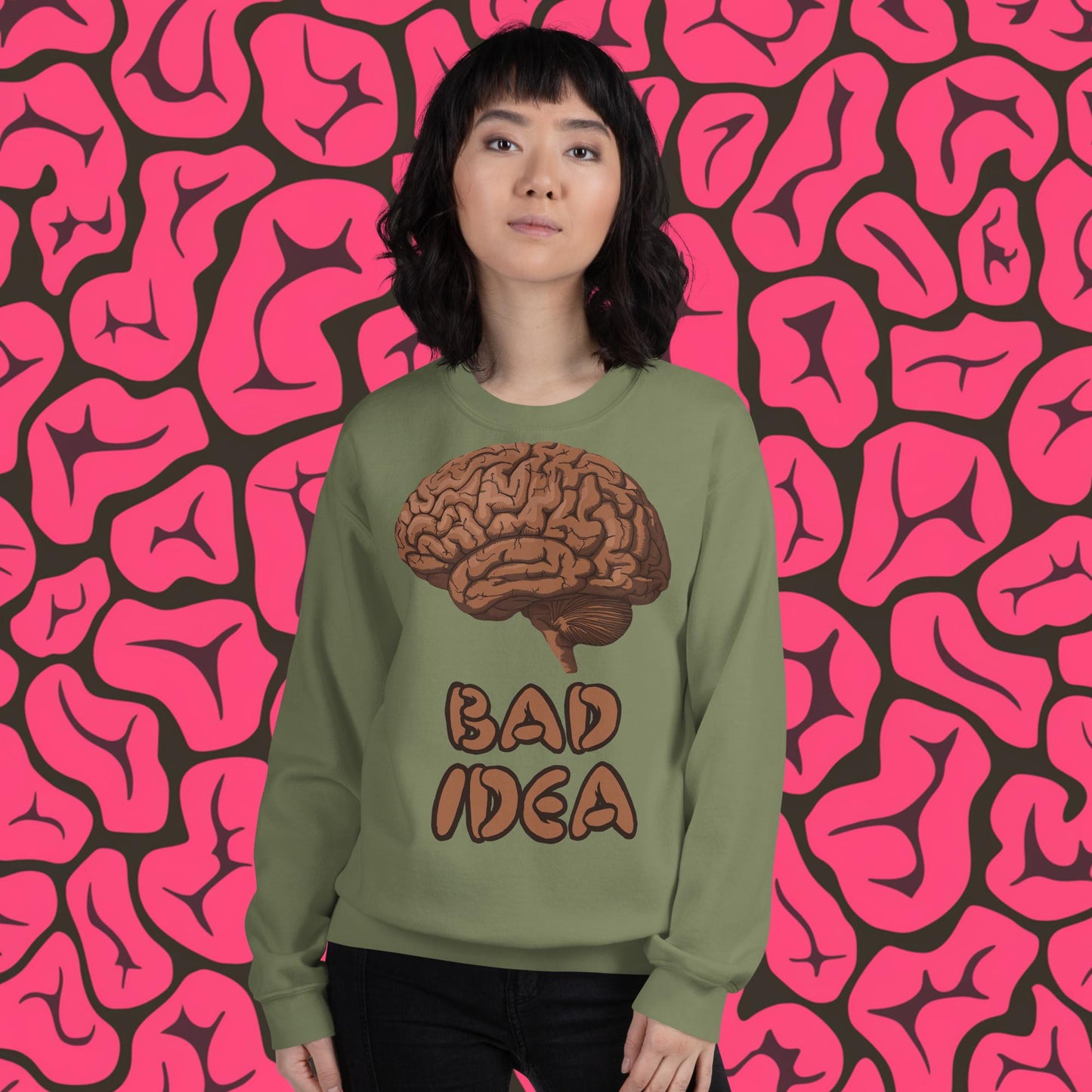 Bad Idea Shit Idea Brown Brains Unisex Sweatshirt Military Green Sweatshirts Brains Feelings Life Next Cult Brand