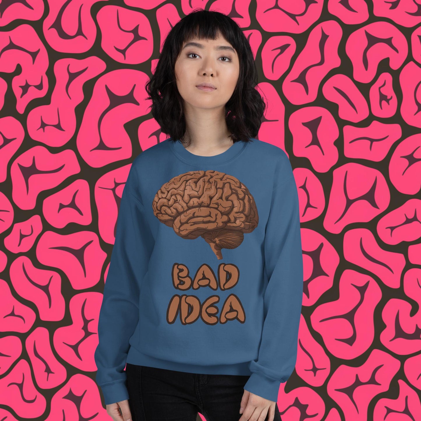 Bad Idea Shit Idea Brown Brains Unisex Sweatshirt Indigo Blue Sweatshirts Brains Feelings Life Next Cult Brand