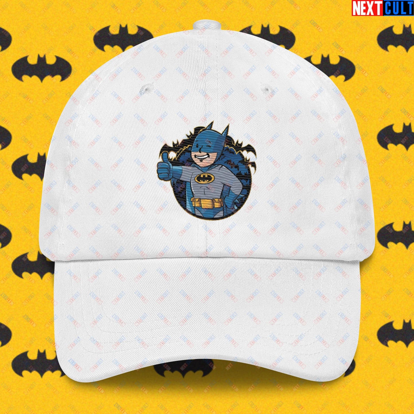 Bat Boy Batman Vault Boy Fallout Funny Cartoon Mashup Dad hat White Hats Batman Christian Bale Justice League Movies Superheroes Next Cult Brand
