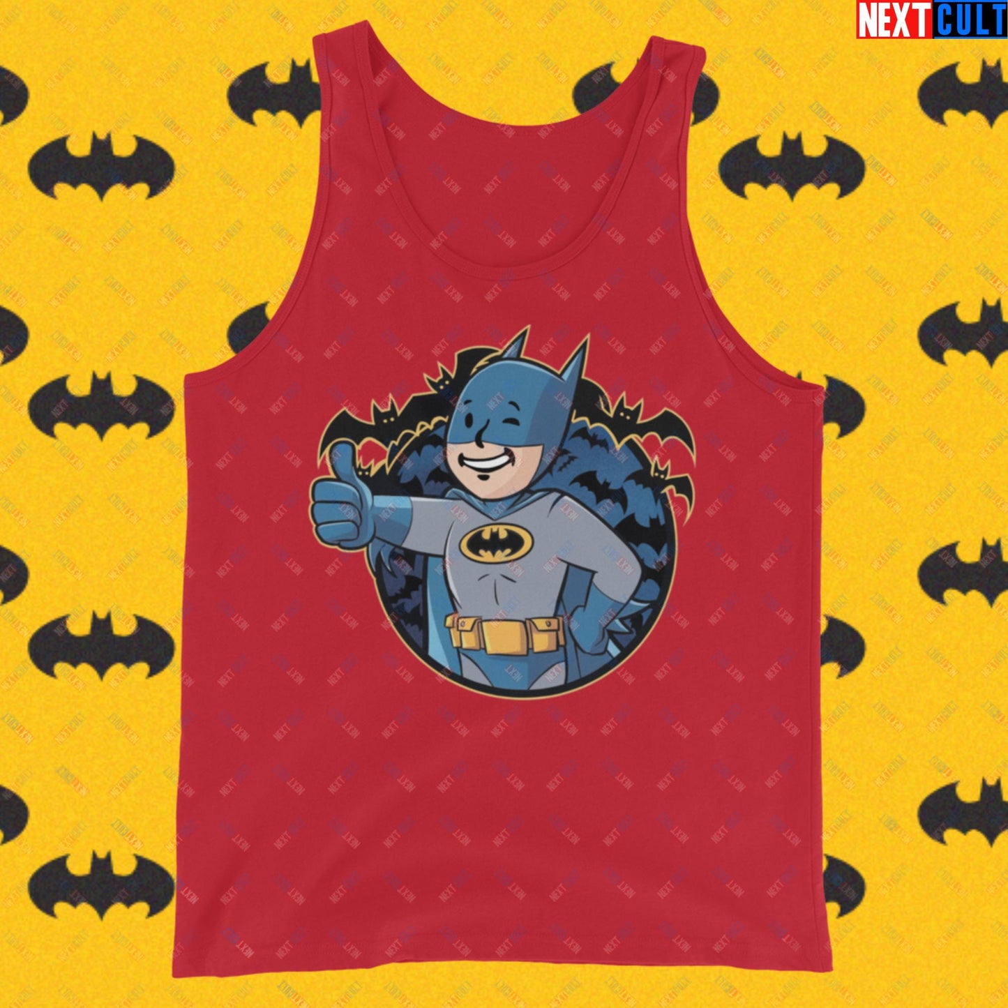 Bat Boy Batman Vault Boy Fallout Funny Cartoon Mashup Tank Top Red Tank Tops Batman Christian Bale Fallout Justice League Movies Superheroes Vault Boy Next Cult Brand